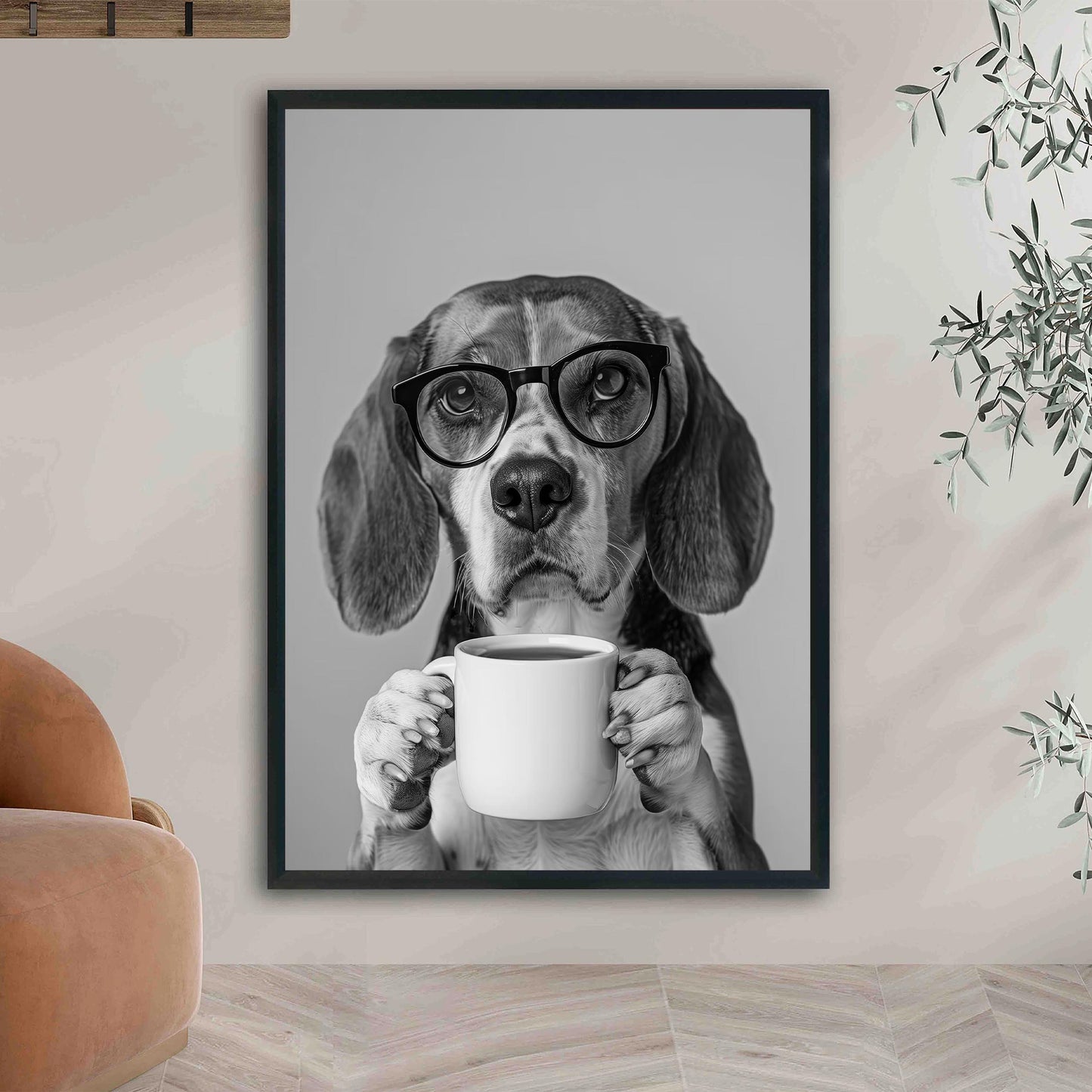 Beagle Drinking Coffee Print Coffee Bar Decor, Funny Dog Poster, Kitchen Wall Art - Black and White Print