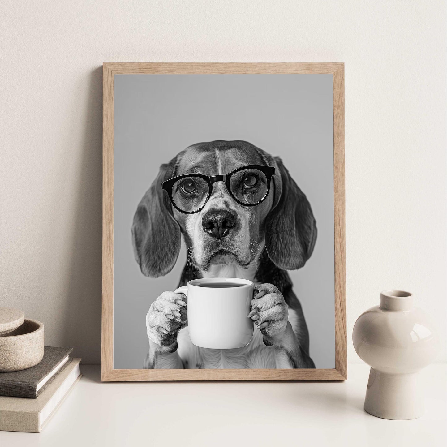 Beagle Drinking Coffee Print Coffee Bar Decor, Funny Dog Poster, Kitchen Wall Art - Black and White Print
