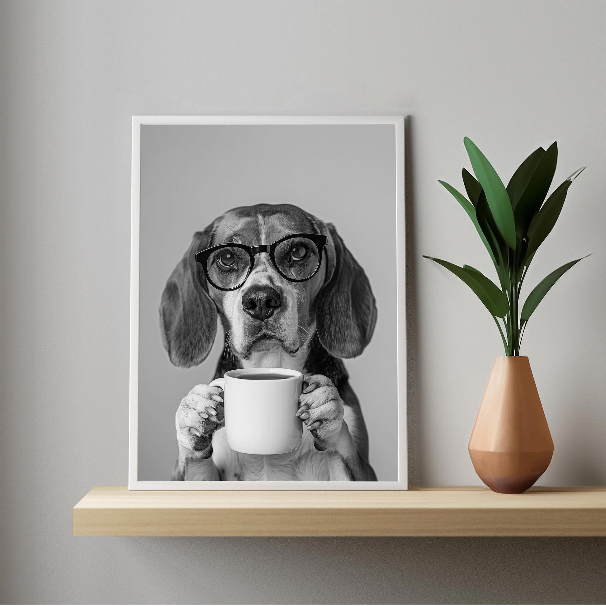 Beagle Drinking Coffee Print Coffee Bar Decor, Funny Dog Poster, Kitchen Wall Art - Black and White Print