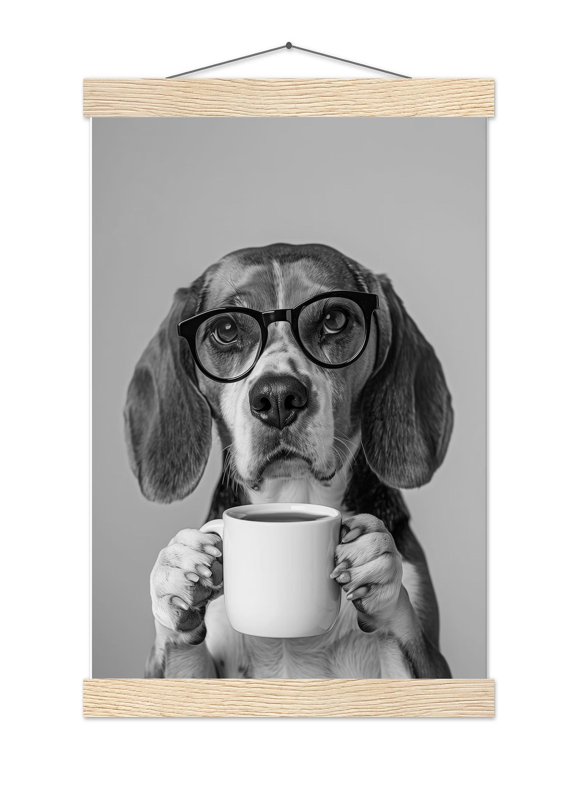 Beagle Drinking Coffee Print Coffee Bar Decor, Funny Dog Poster, Kitchen Wall Art - Black and White Print