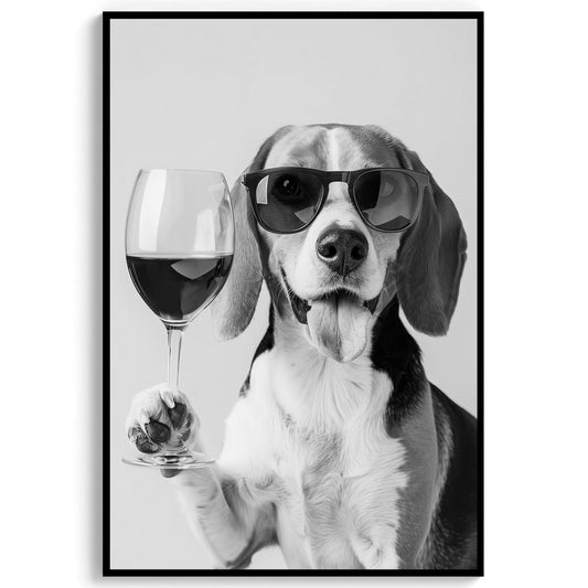 Beagle and Wine Print Bar Cart Print, Funny Dog Poster, Trendy Kitchen Decor - Black and White Wall Art
