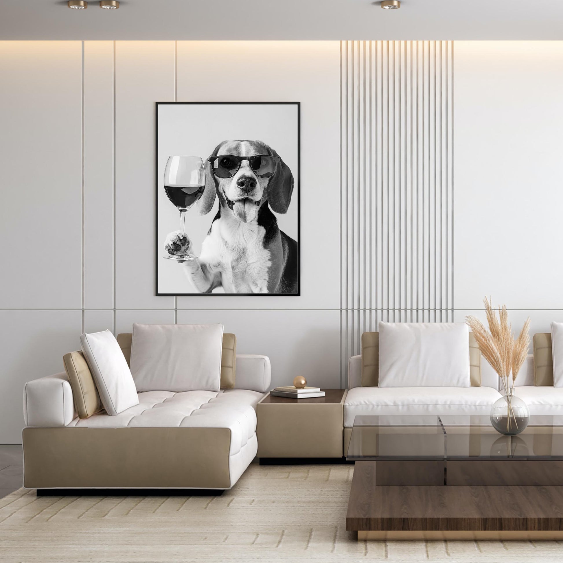 Beagle and Wine Print Bar Cart Print, Funny Dog Poster, Trendy Kitchen Decor - Black and White Wall Art