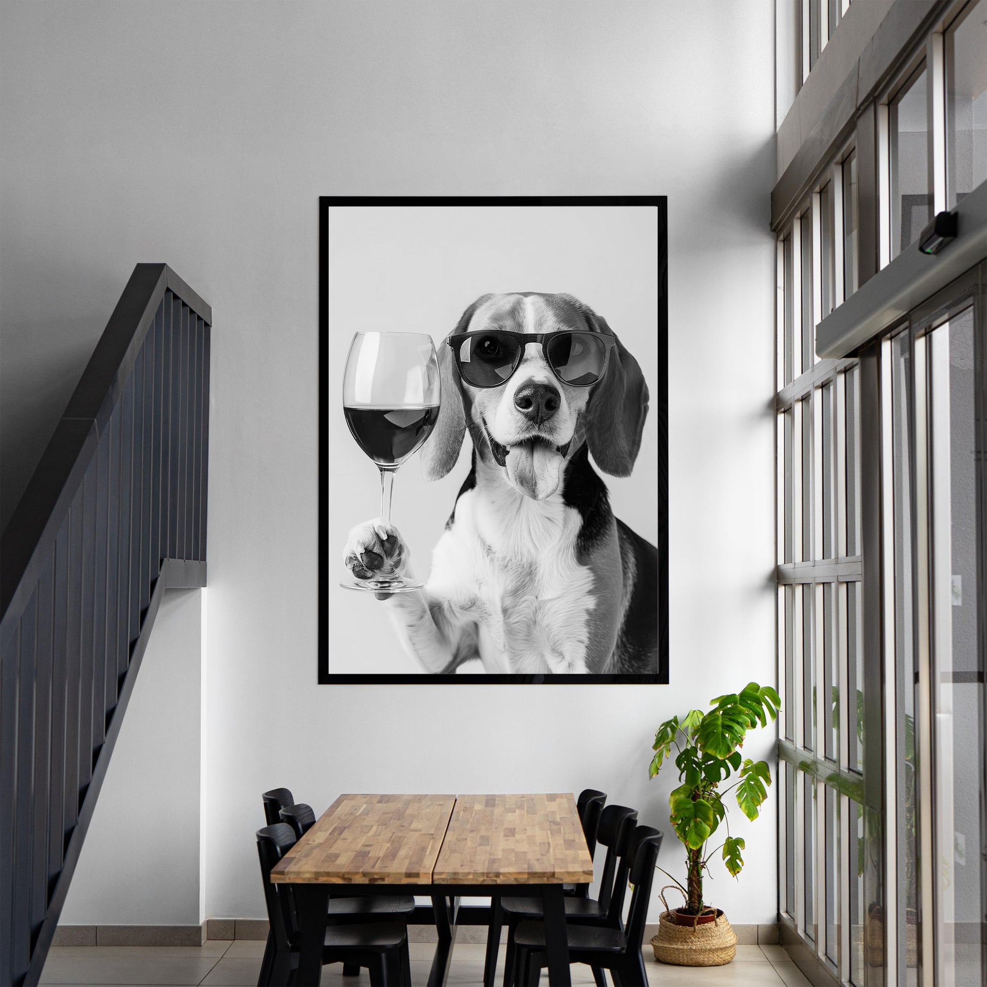 Beagle and Wine Print Bar Cart Print, Funny Dog Poster, Trendy Kitchen Decor - Black and White Wall Art