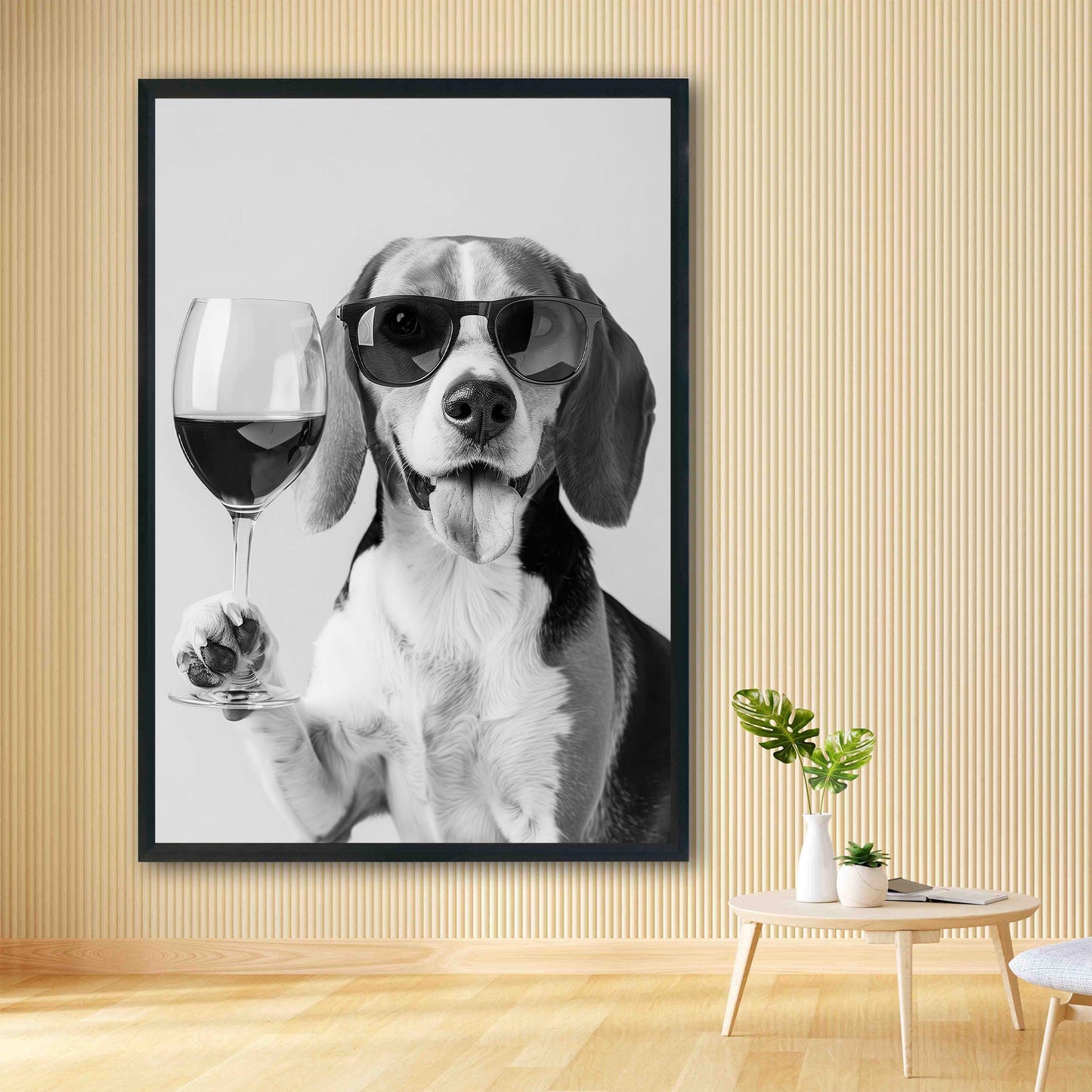 Beagle and Wine Print Bar Cart Print, Funny Dog Poster, Trendy Kitchen Decor - Black and White Wall Art