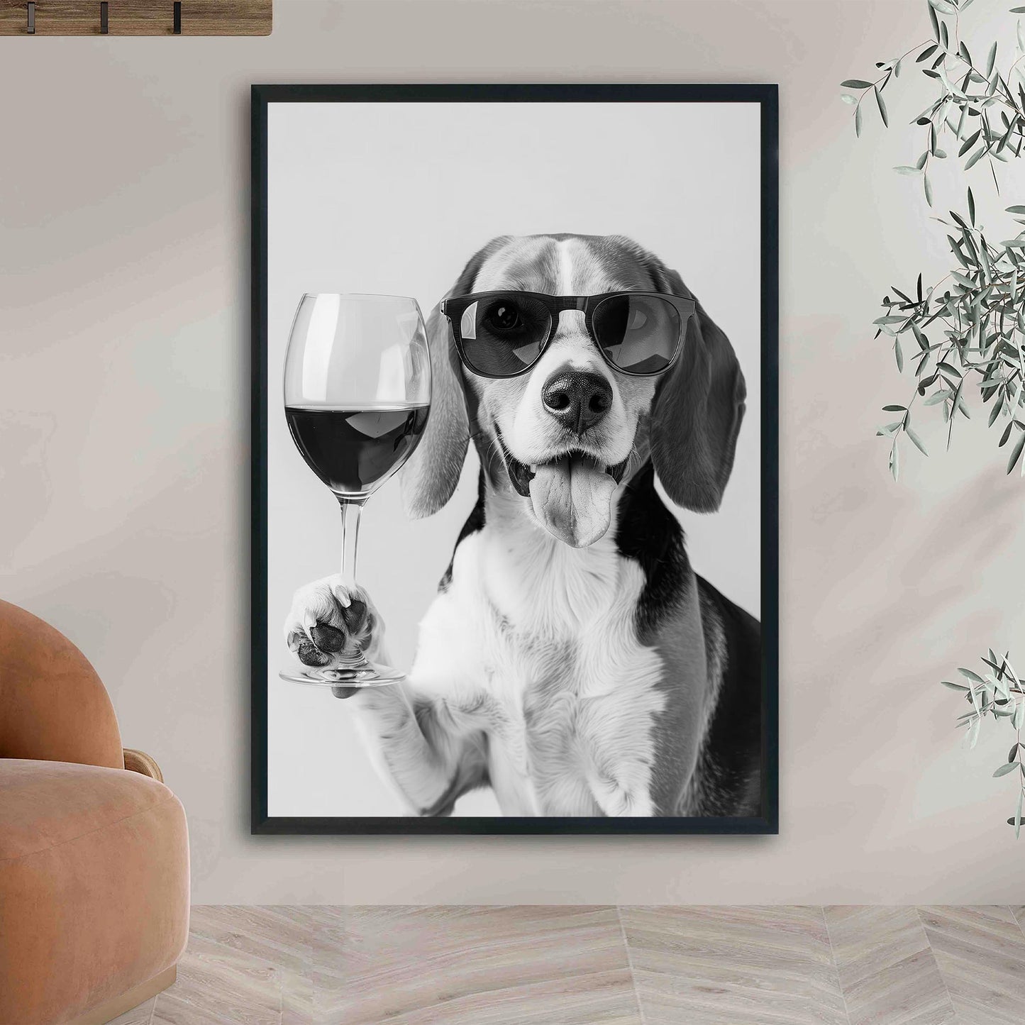 Beagle and Wine Print Bar Cart Print, Funny Dog Poster, Trendy Kitchen Decor - Black and White Wall Art