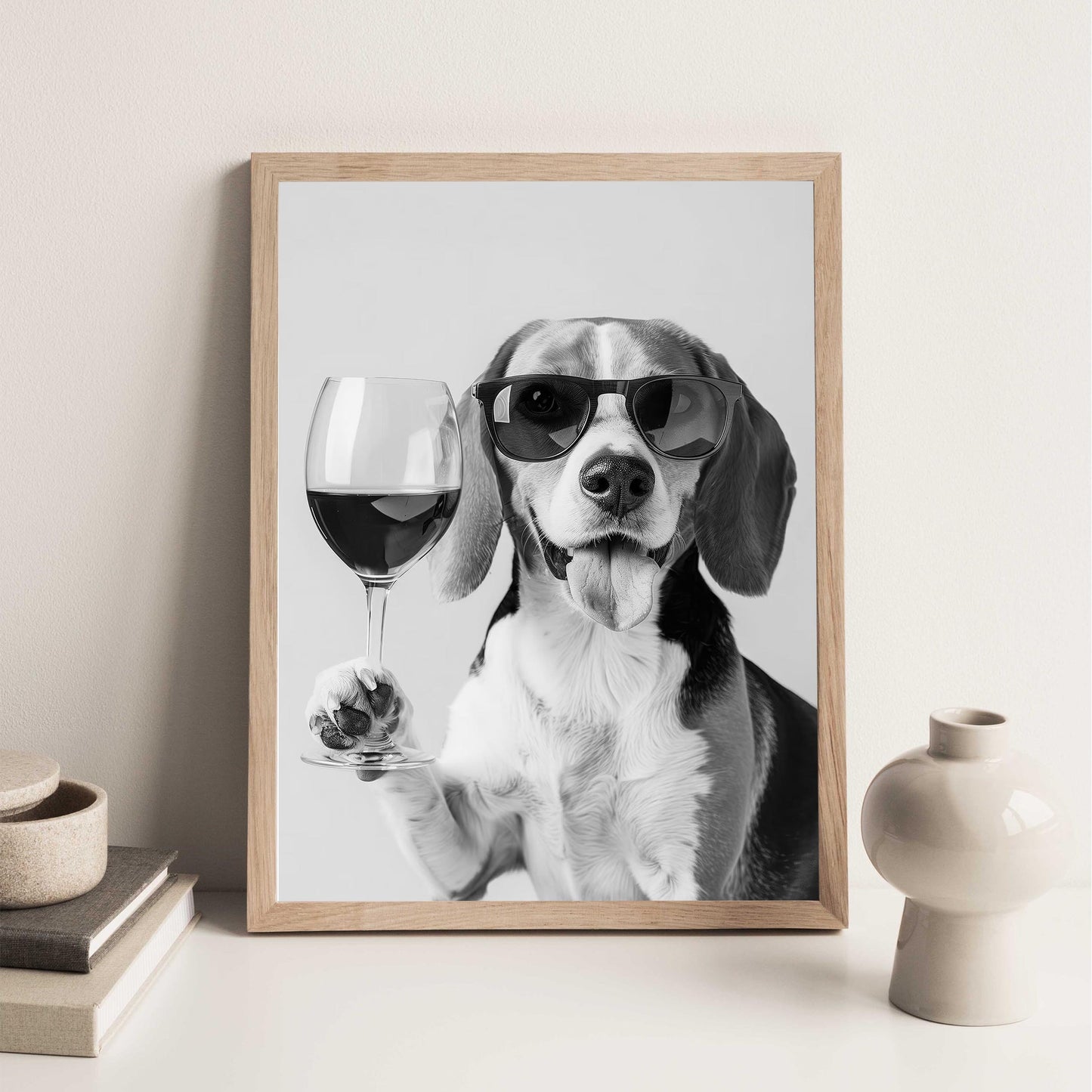 Beagle and Wine Print Bar Cart Print, Funny Dog Poster, Trendy Kitchen Decor - Black and White Wall Art