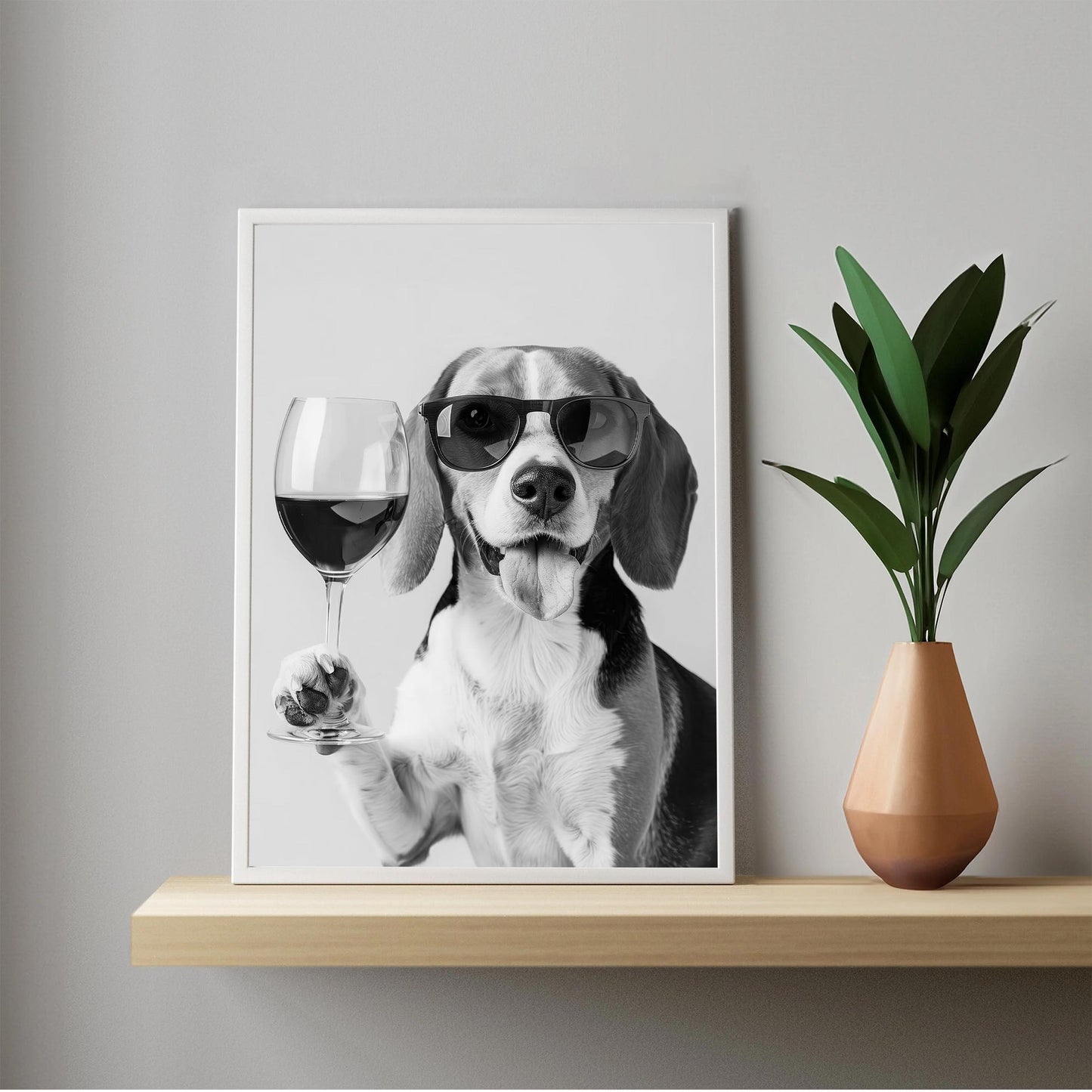 Beagle and Wine Print Bar Cart Print, Funny Dog Poster, Trendy Kitchen Decor - Black and White Wall Art