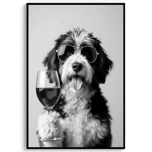 Bernedoodle Drinking Wine Print Bar Cart Print, Funny Dog Poster, Tri-Merle Kitchen Decor (Black and White Wall Art)