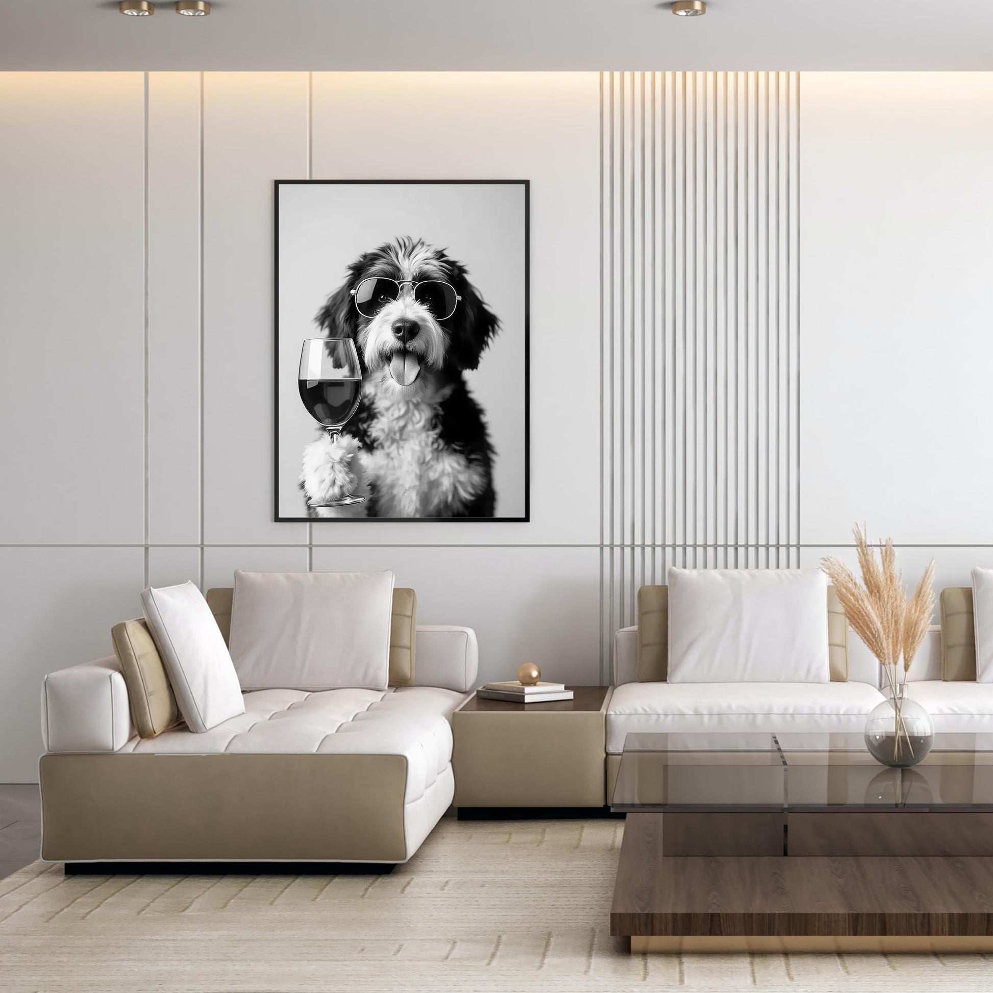 Bernedoodle Drinking Wine Print Bar Cart Print, Funny Dog Poster, Tri-Merle Kitchen Decor (Black and White Wall Art)