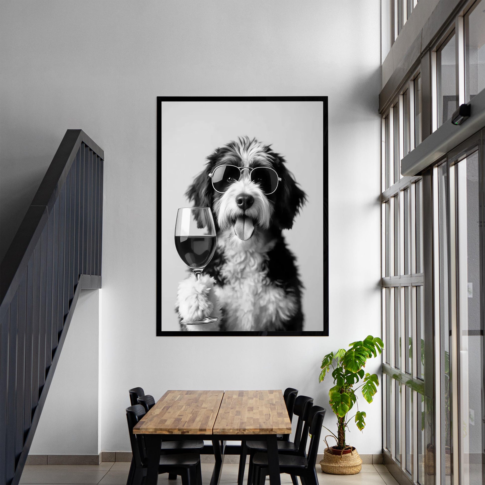 Bernedoodle Drinking Wine Print Bar Cart Print, Funny Dog Poster, Tri-Merle Kitchen Decor (Black and White Wall Art)