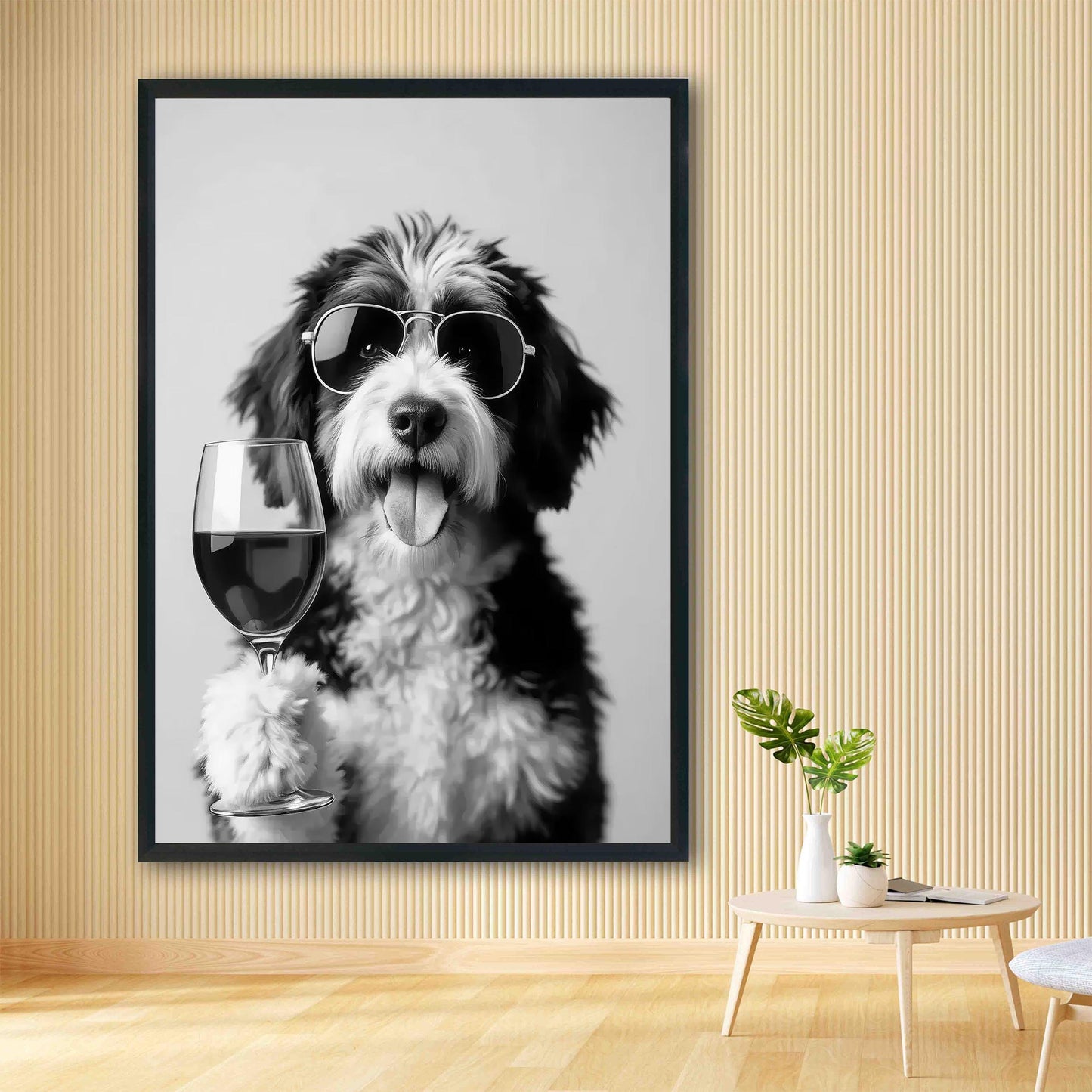 Bernedoodle Drinking Wine Print Bar Cart Print, Funny Dog Poster, Tri-Merle Kitchen Decor (Black and White Wall Art)