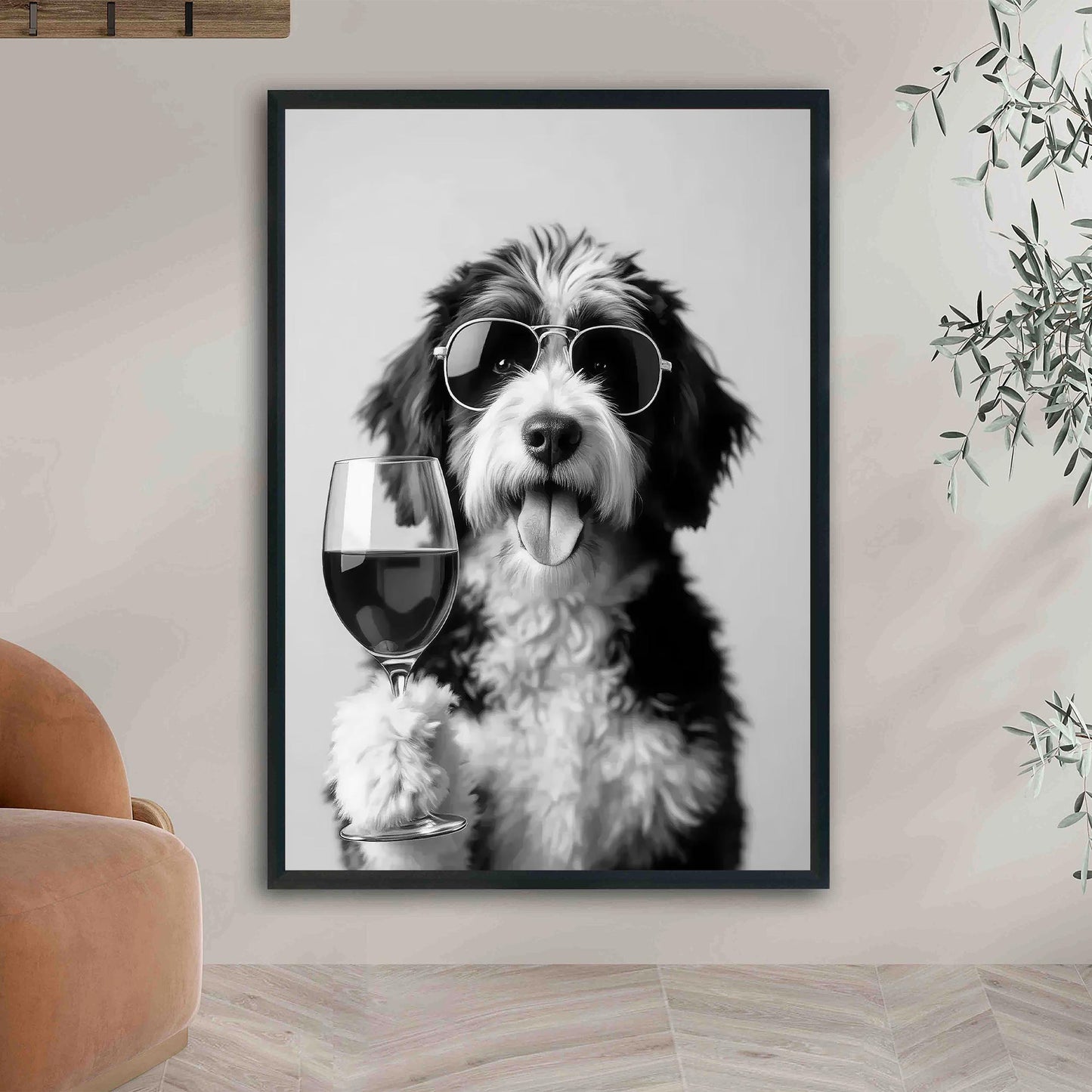 Bernedoodle Drinking Wine Print Bar Cart Print, Funny Dog Poster, Tri-Merle Kitchen Decor (Black and White Wall Art)