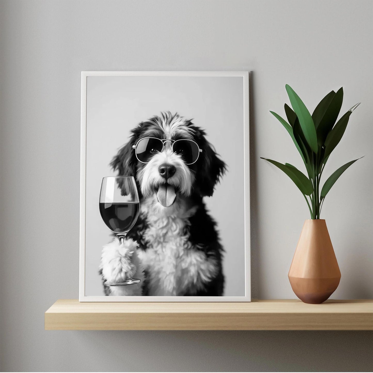 Bernedoodle Drinking Wine Print Bar Cart Print, Funny Dog Poster, Tri-Merle Kitchen Decor (Black and White Wall Art)