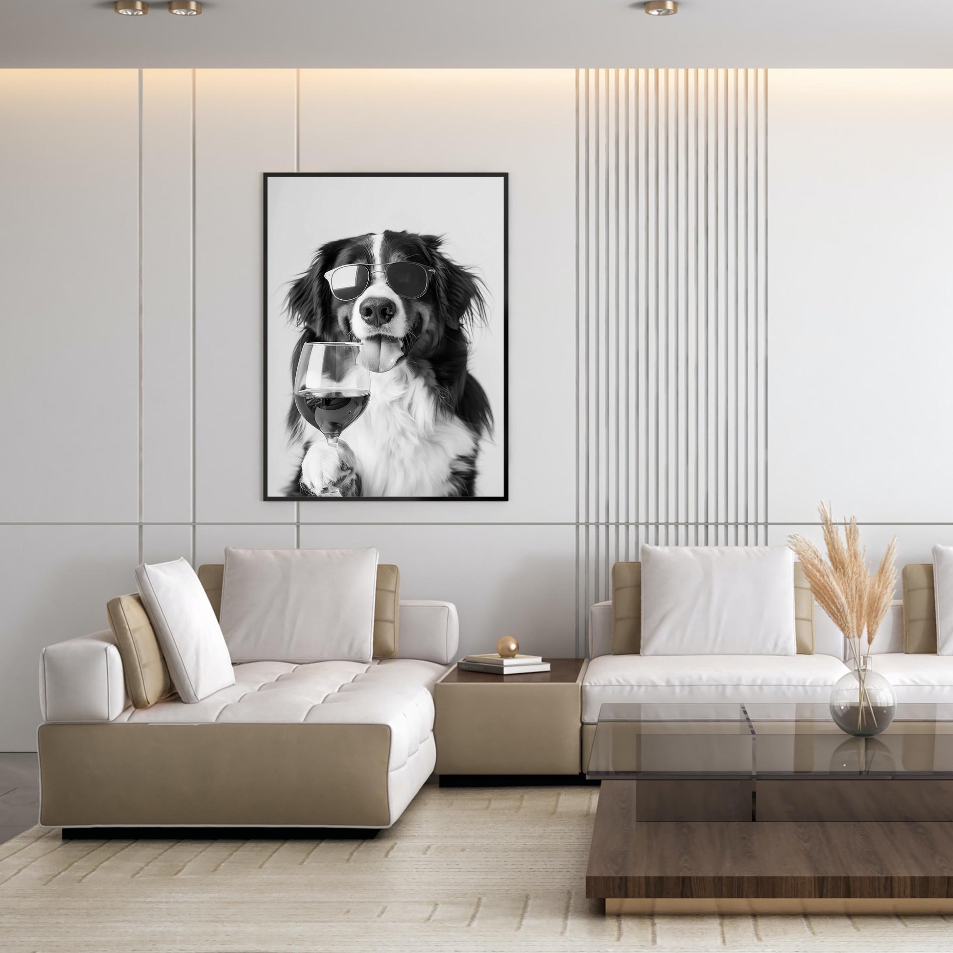 Bernese Mountain Dog and Wine Print Bar Cart Print, Funny Dog Poster, Trendy Kitchen Decor - Black and White Wall Art