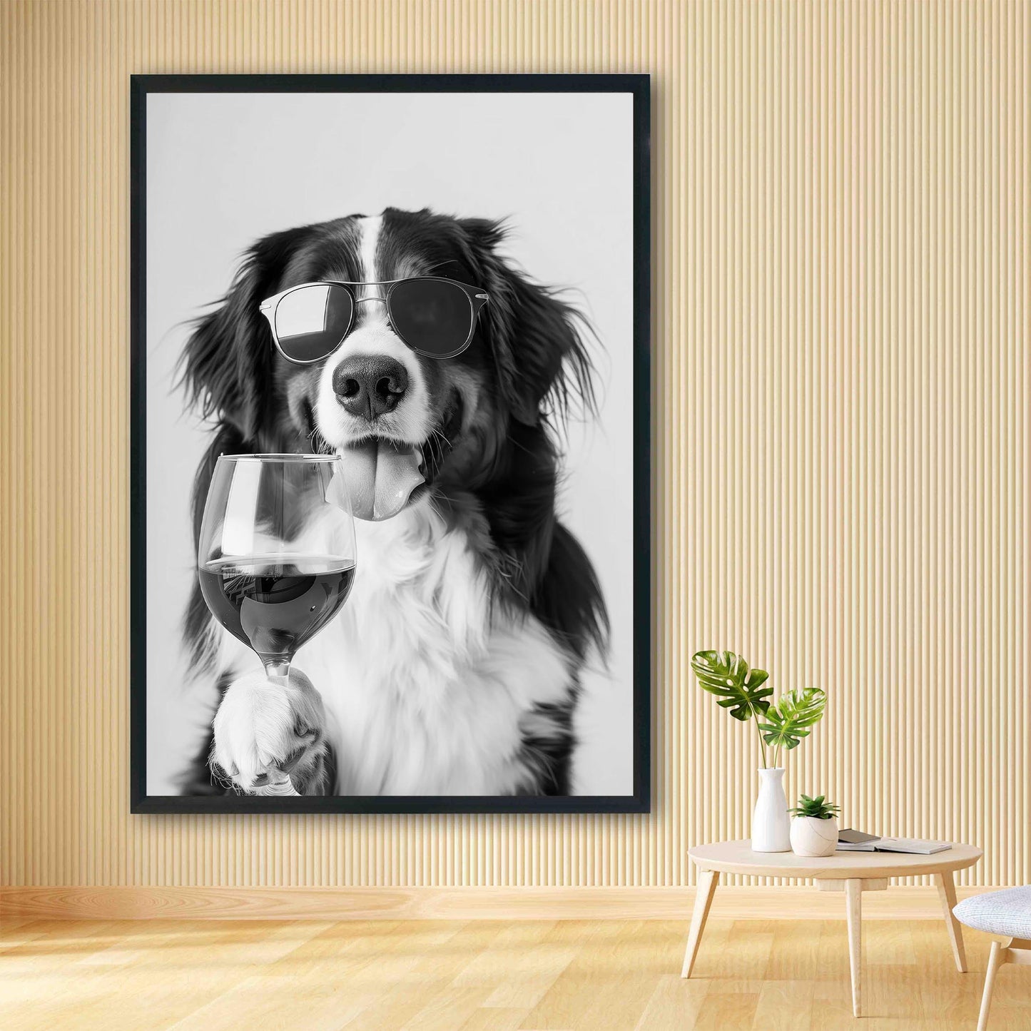 Bernese Mountain Dog and Wine Print Bar Cart Print, Funny Dog Poster, Trendy Kitchen Decor - Black and White Wall Art