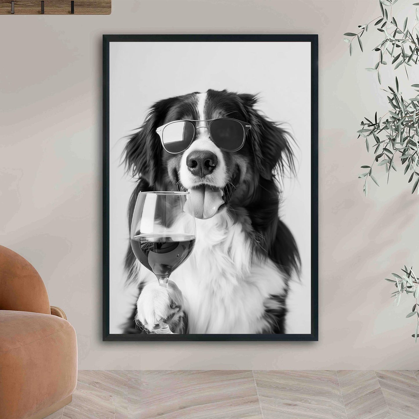 Bernese Mountain Dog and Wine Print Bar Cart Print, Funny Dog Poster, Trendy Kitchen Decor - Black and White Wall Art