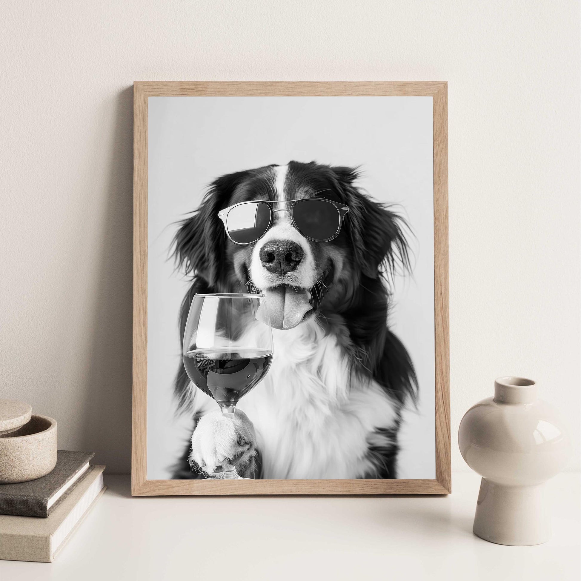 Bernese Mountain Dog and Wine Print Bar Cart Print, Funny Dog Poster, Trendy Kitchen Decor - Black and White Wall Art