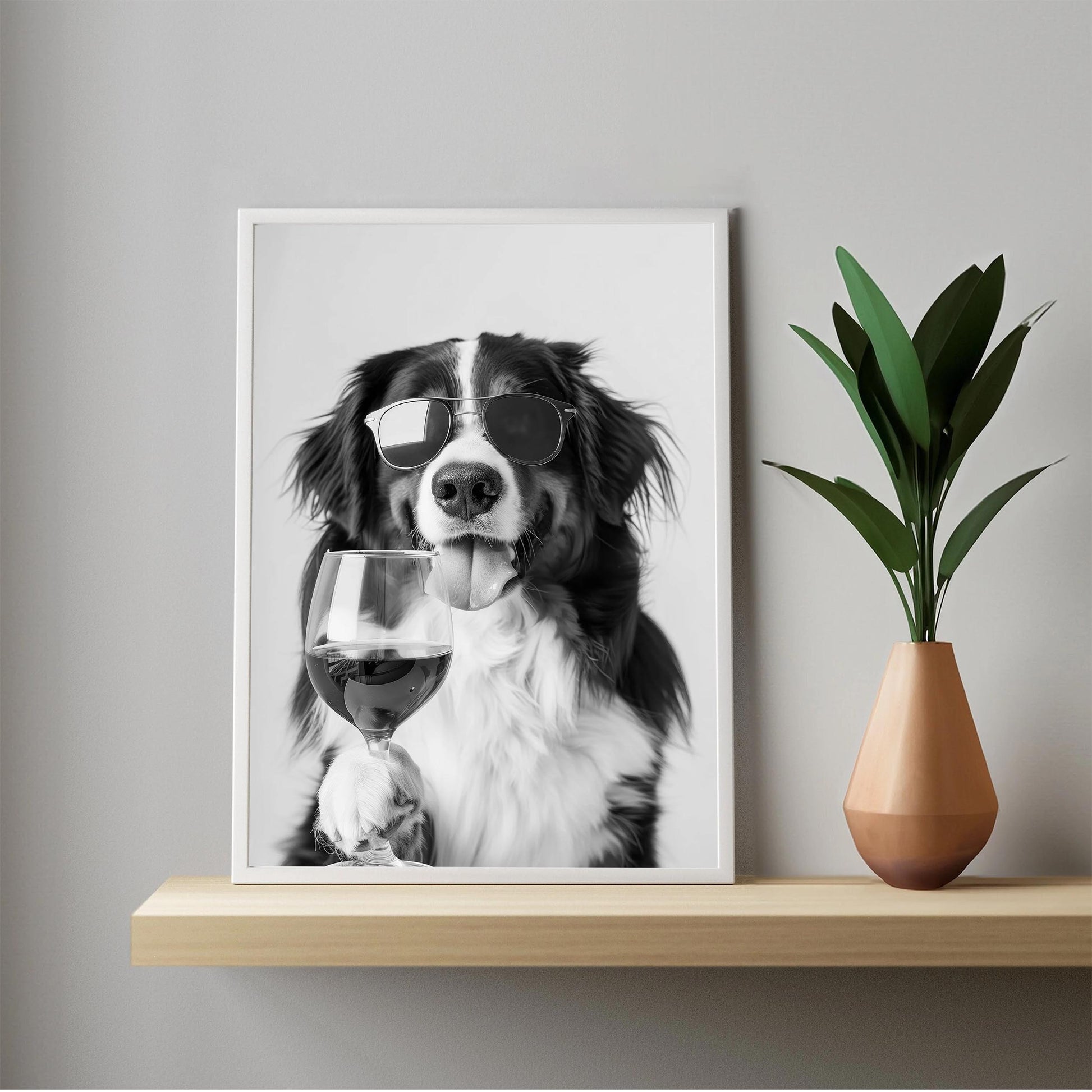 Bernese Mountain Dog and Wine Print Bar Cart Print, Funny Dog Poster, Trendy Kitchen Decor - Black and White Wall Art