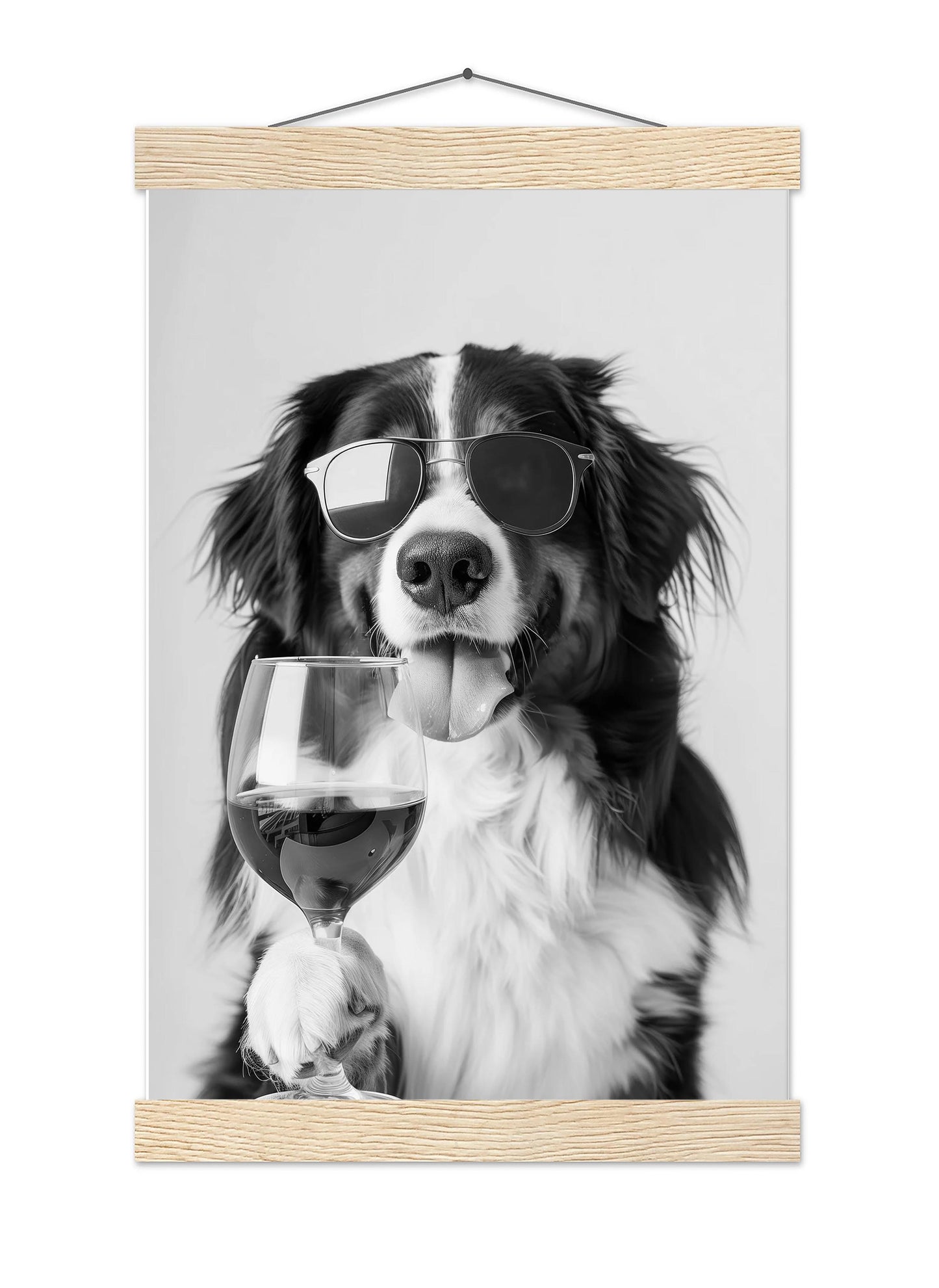 Bernese Mountain Dog and Wine Print Bar Cart Print, Funny Dog Poster, Trendy Kitchen Decor - Black and White Wall Art