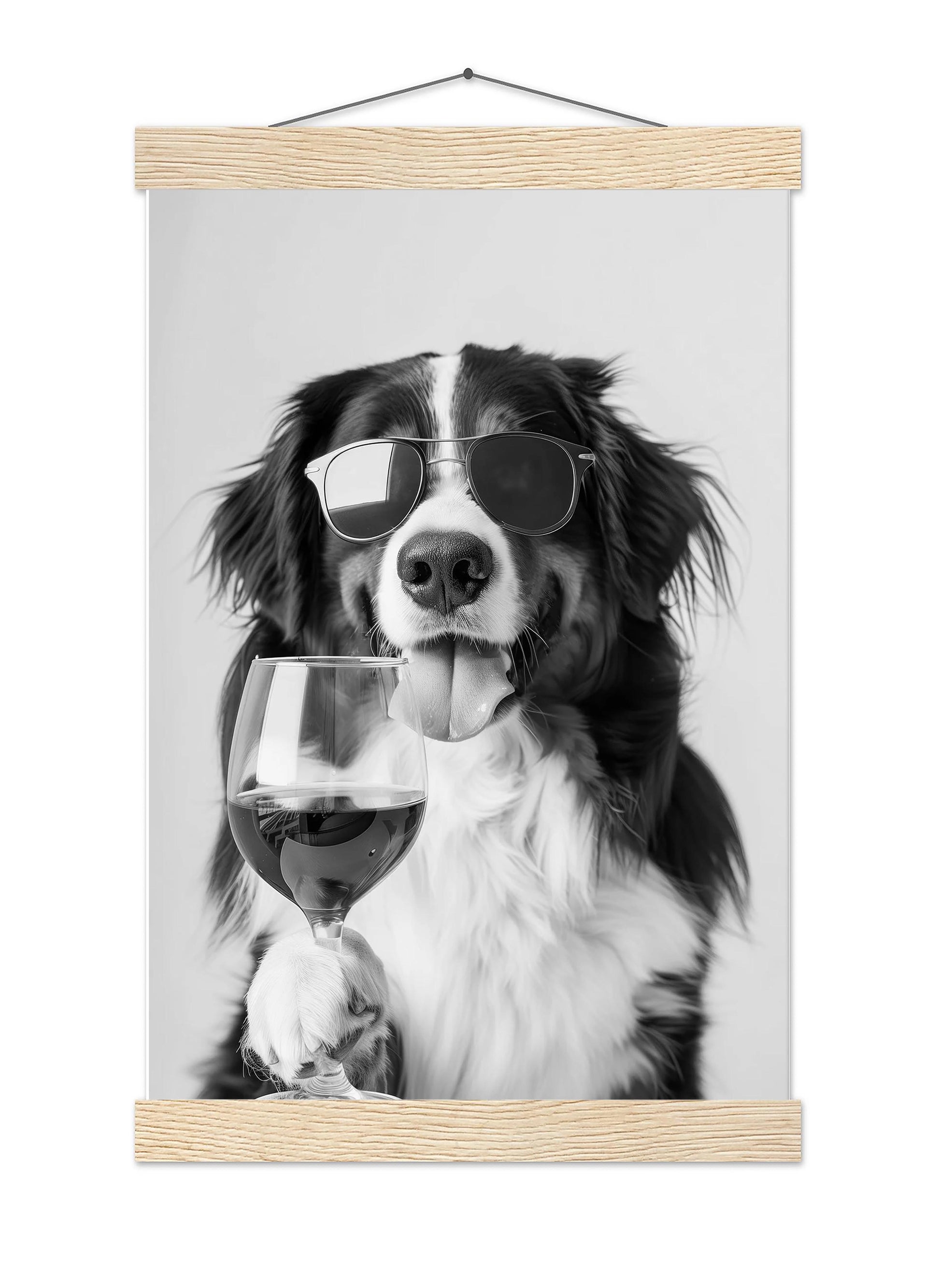 Bernese Mountain Dog and Wine Print Bar Cart Print, Funny Dog Poster, Trendy Kitchen Decor - Black and White Wall Art