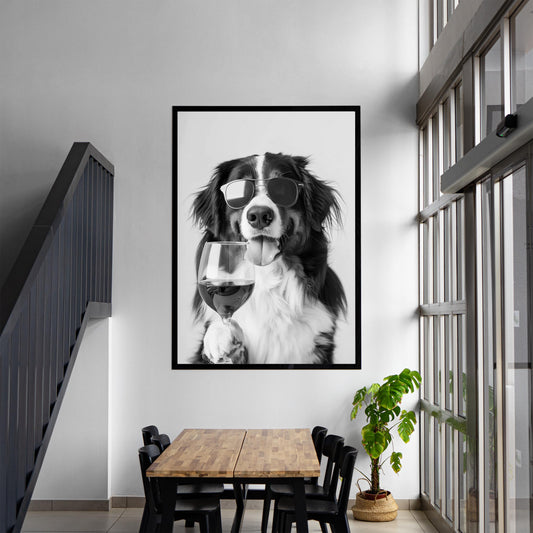 Bernese Mountain Dog and Wine Print Bar Cart Print, Funny Dog Poster, Trendy Kitchen Decor - Black and White Wall Art