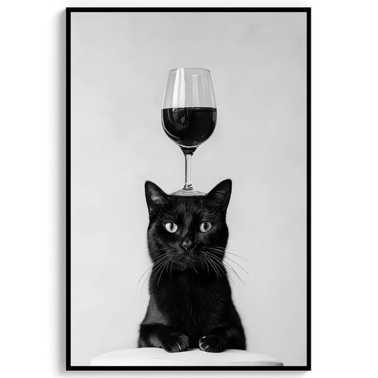 Black Cat Balancing Wine Print Funny Bar Cart Poster, Cat Kitchen Decor - Black and White Wall Art