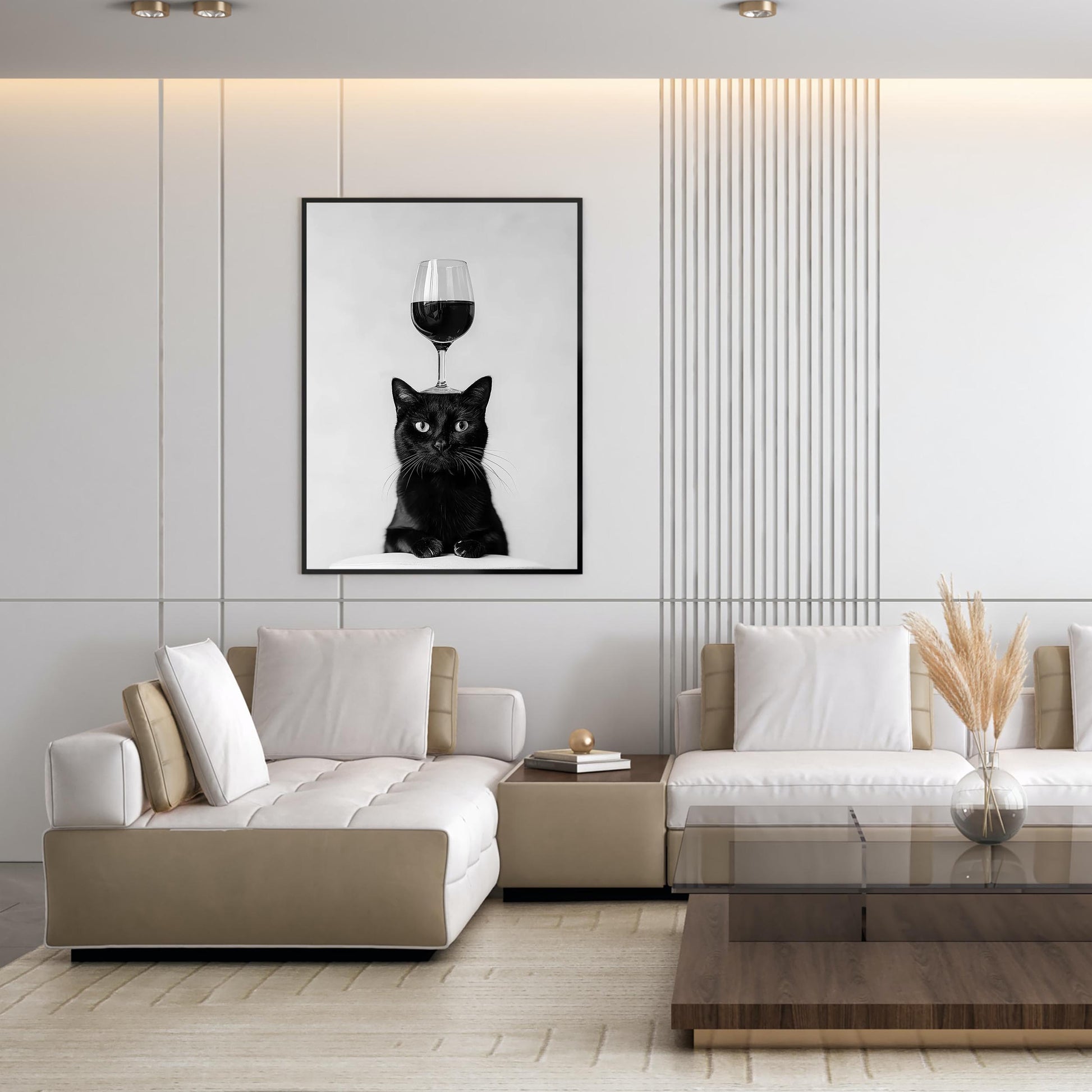 Black Cat Balancing Wine Print Funny Bar Cart Poster, Cat Kitchen Decor - Black and White Wall Art