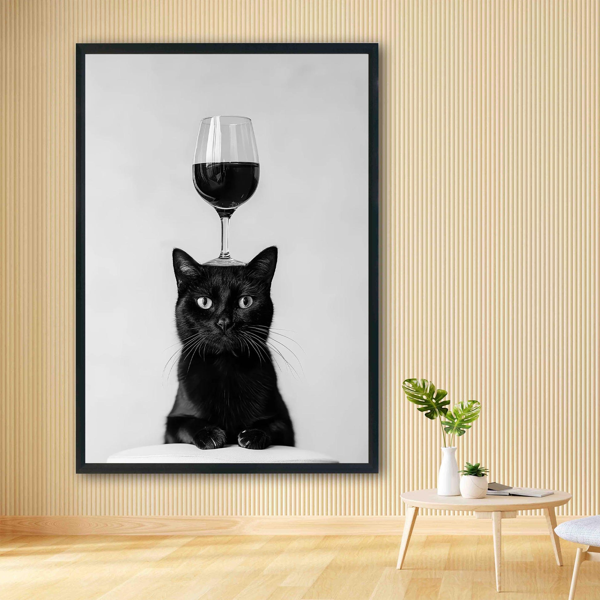Black Cat Balancing Wine Print Funny Bar Cart Poster, Cat Kitchen Decor - Black and White Wall Art