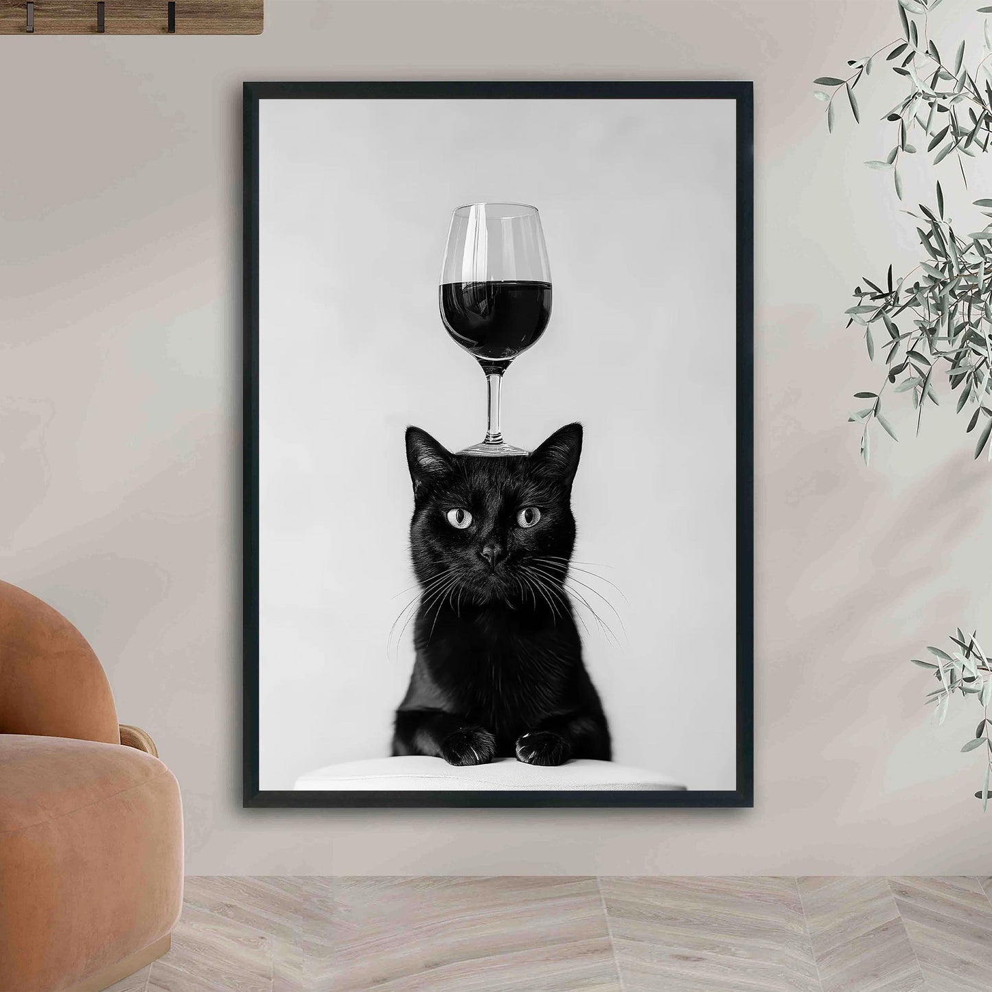 Black Cat Balancing Wine Print Funny Bar Cart Poster, Cat Kitchen Decor - Black and White Wall Art