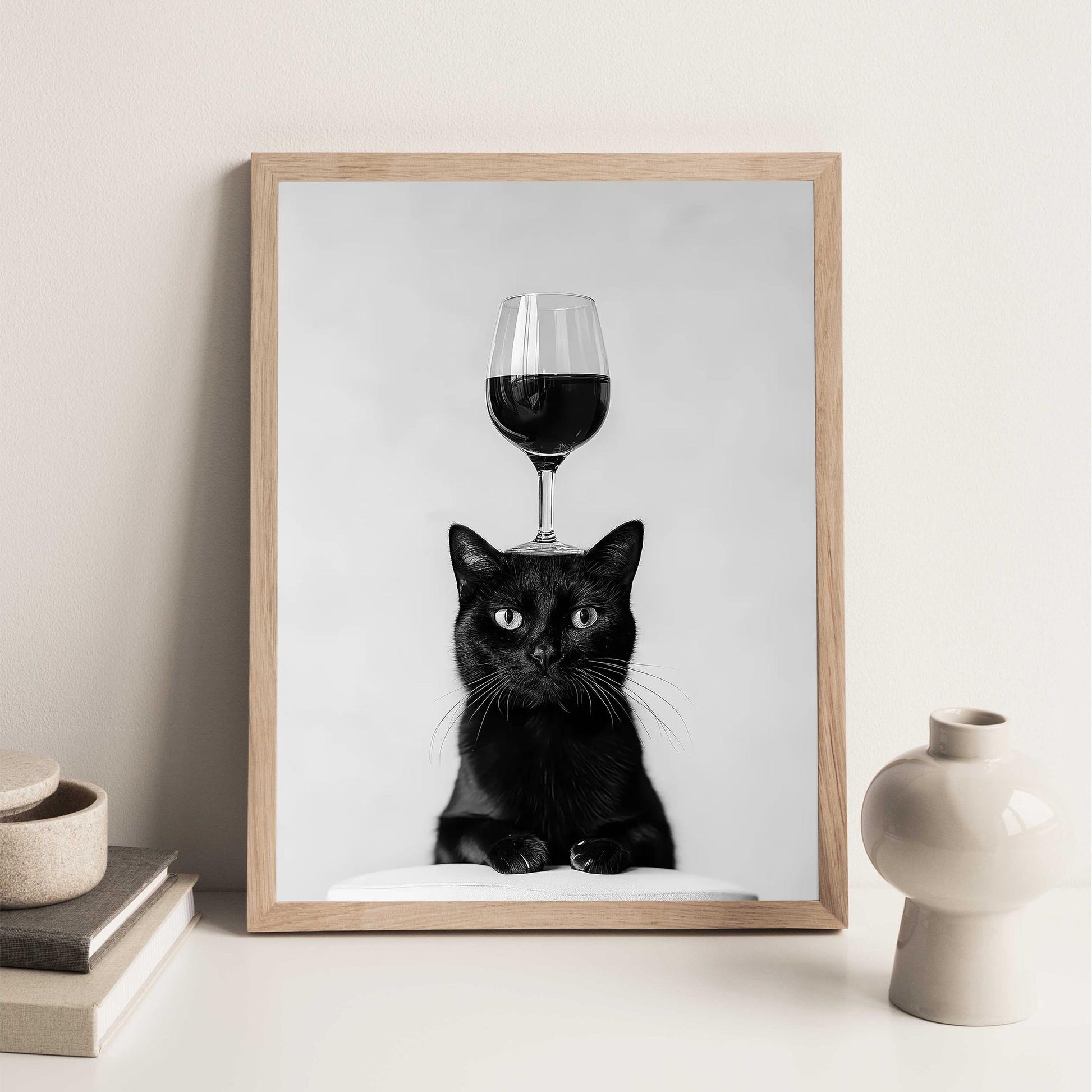 Black Cat Balancing Wine Print Funny Bar Cart Poster, Cat Kitchen Decor - Black and White Wall Art