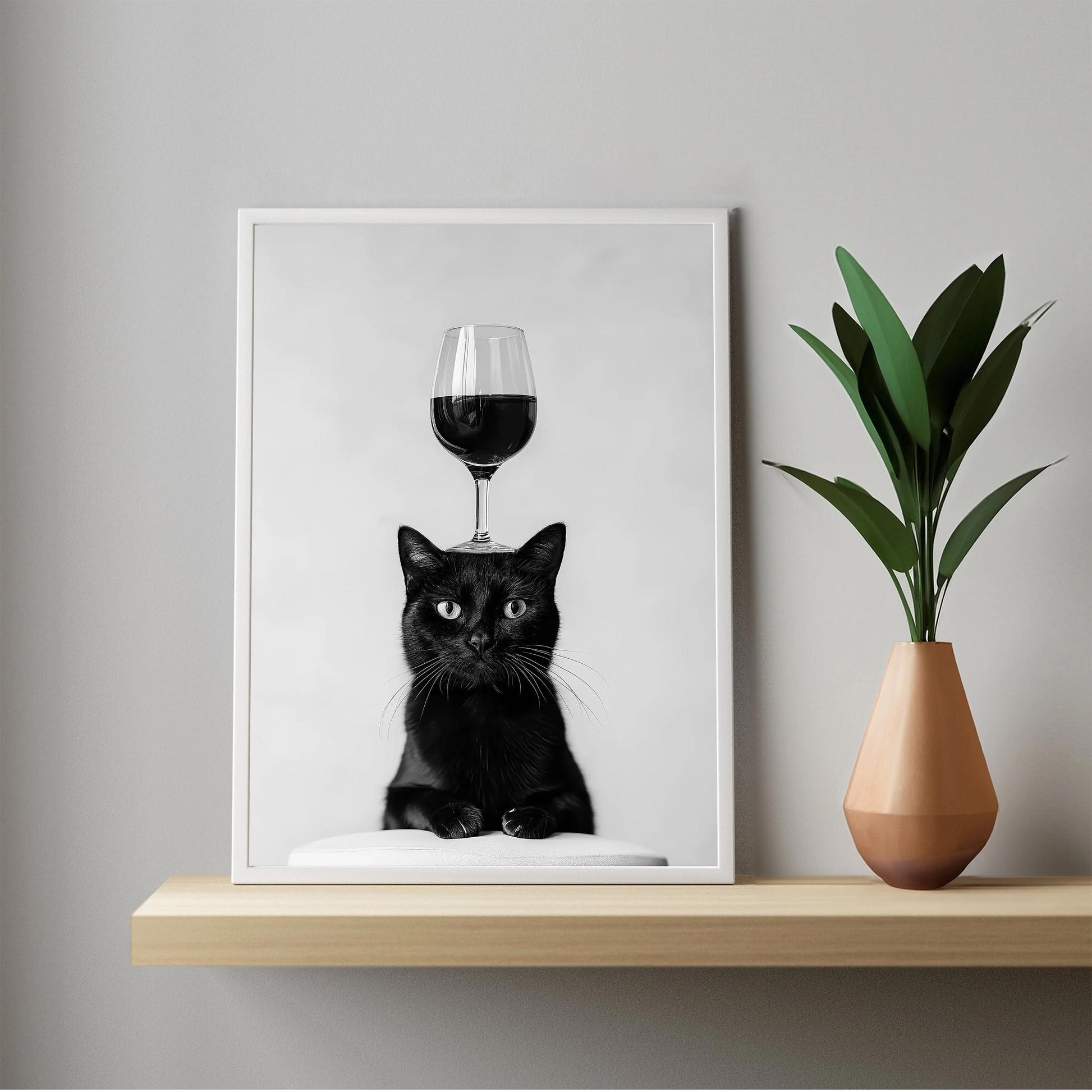 Black Cat Balancing Wine Print Funny Bar Cart Poster, Cat Kitchen Decor - Black and White Wall Art