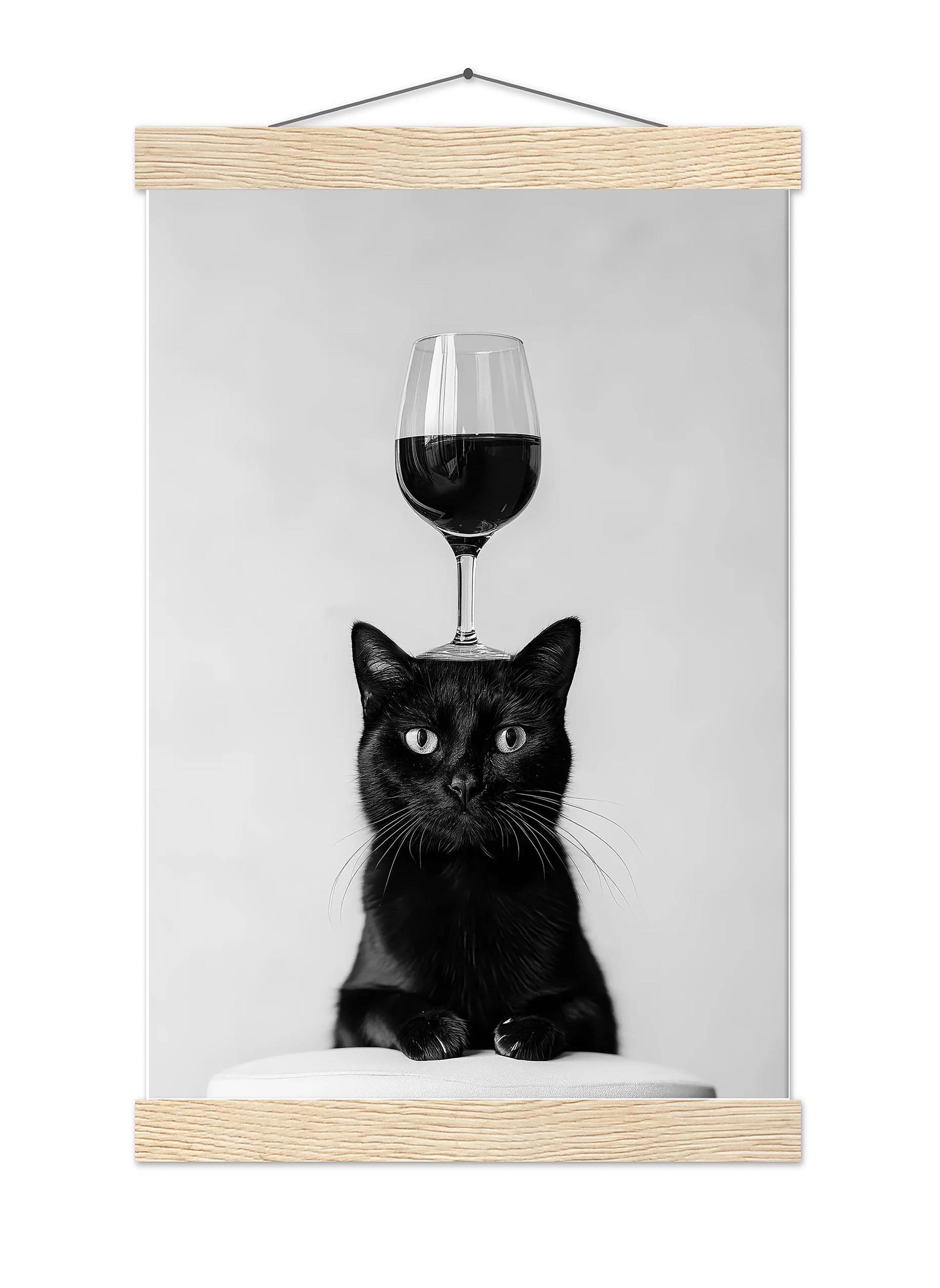 Black Cat Balancing Wine Print Funny Bar Cart Poster, Cat Kitchen Decor - Black and White Wall Art