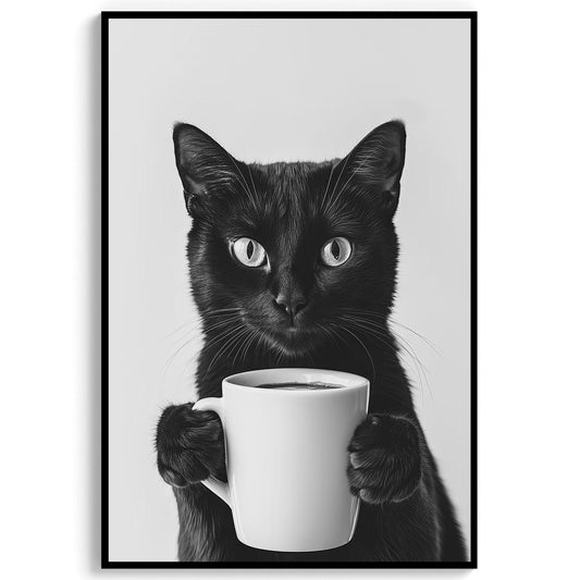 Black Cat Coffee Print Coffee Bar Decor, Funny Cat Poster, Trendy Kitchen Wall Decor - Black and White Wall Art