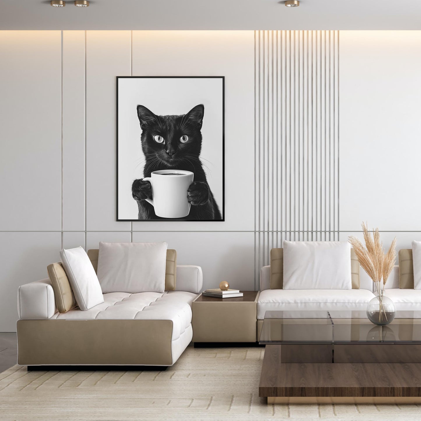 Black Cat Coffee Print Coffee Bar Decor, Funny Cat Poster, Trendy Kitchen Wall Decor - Black and White Wall Art