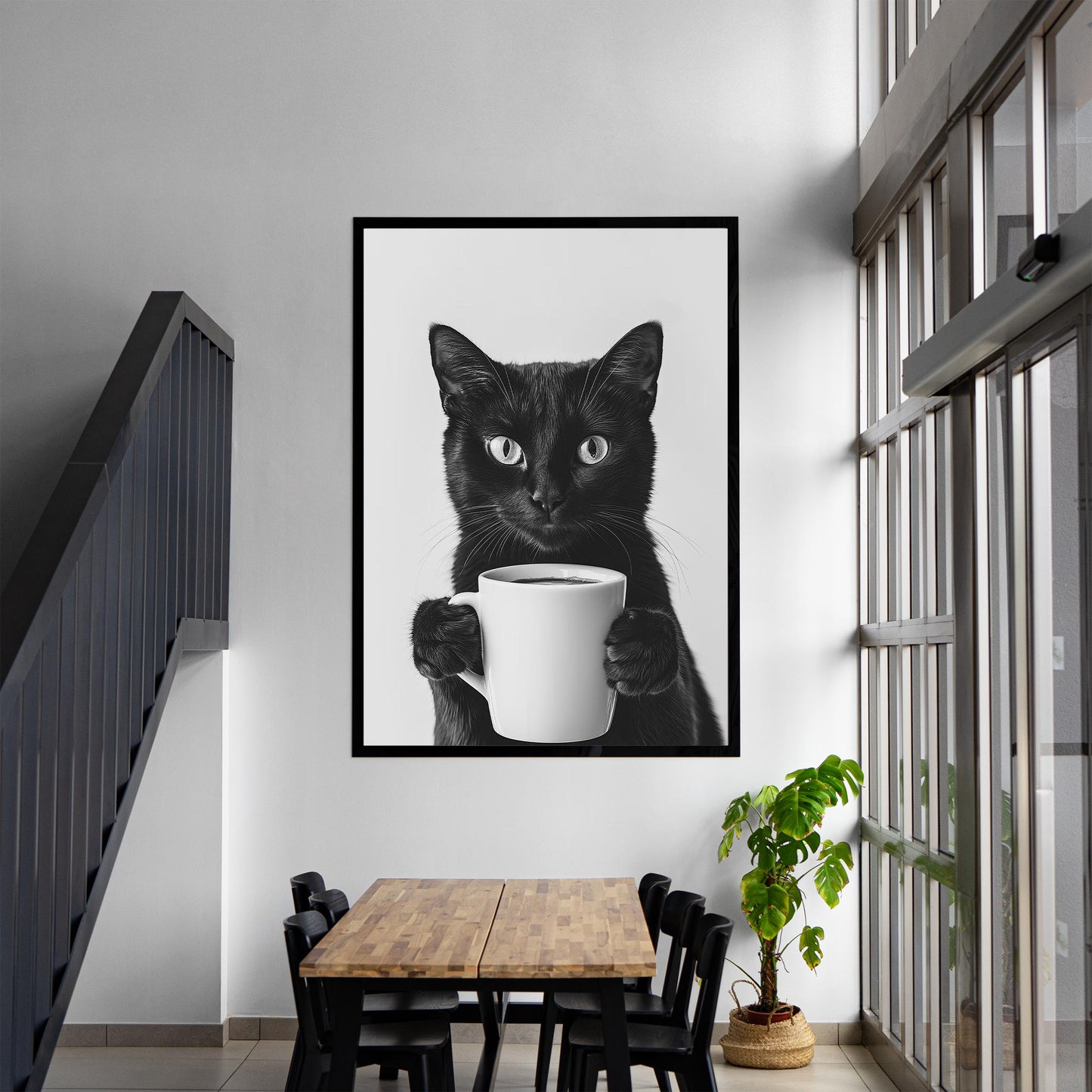 Black Cat Coffee Print Coffee Bar Decor, Funny Cat Poster, Trendy Kitchen Wall Decor - Black and White Wall Art