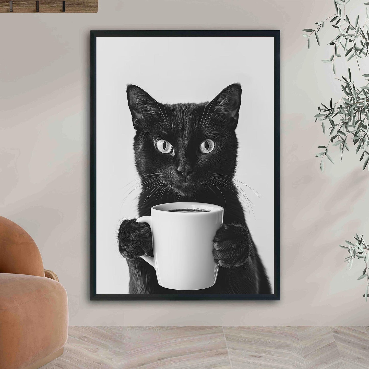 Black Cat Coffee Print Coffee Bar Decor, Funny Cat Poster, Trendy Kitchen Wall Decor - Black and White Wall Art