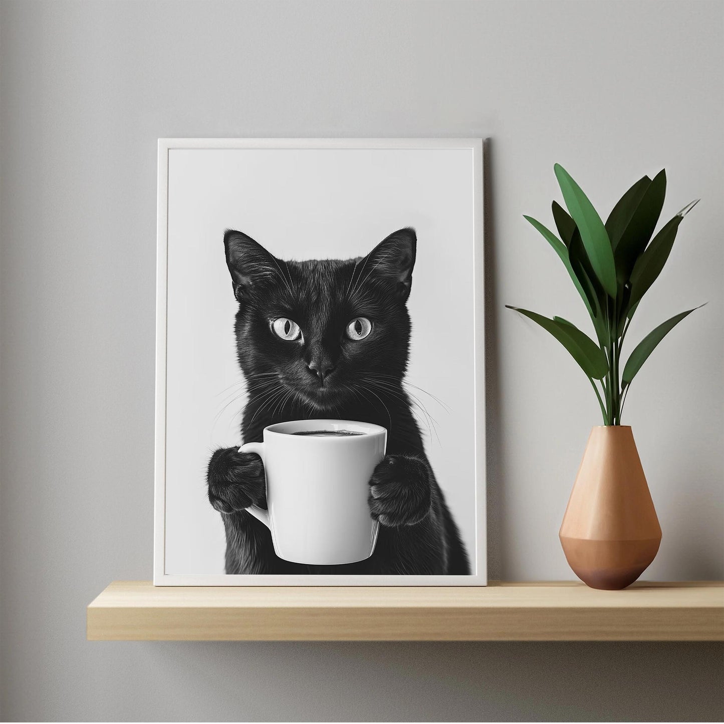 Black Cat Coffee Print Coffee Bar Decor, Funny Cat Poster, Trendy Kitchen Wall Decor - Black and White Wall Art