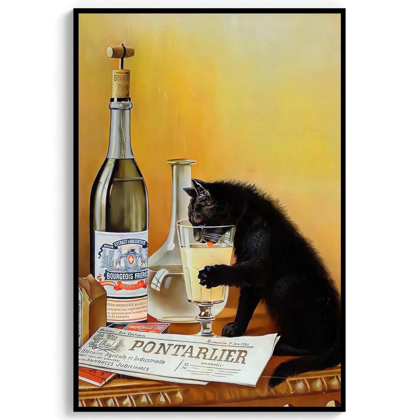 Black Cat Drinking Absinthe Print Retro Bar Cart Poster, Absinthe Bourgeois - Funny Wall Art