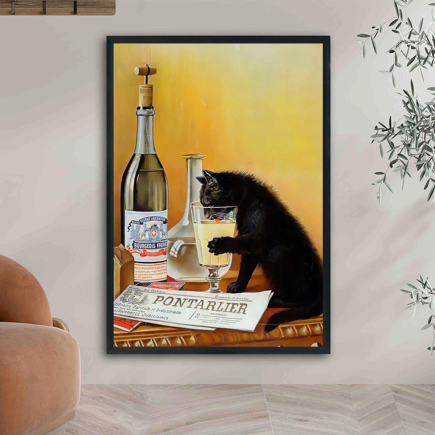 Black Cat Drinking Absinthe Print Retro Bar Cart Poster, Absinthe Bourgeois - Funny Wall Art