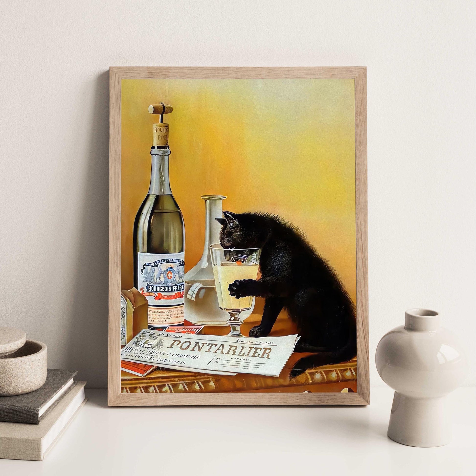 Black Cat Drinking Absinthe Print Retro Bar Cart Poster, Absinthe Bourgeois - Funny Wall Art
