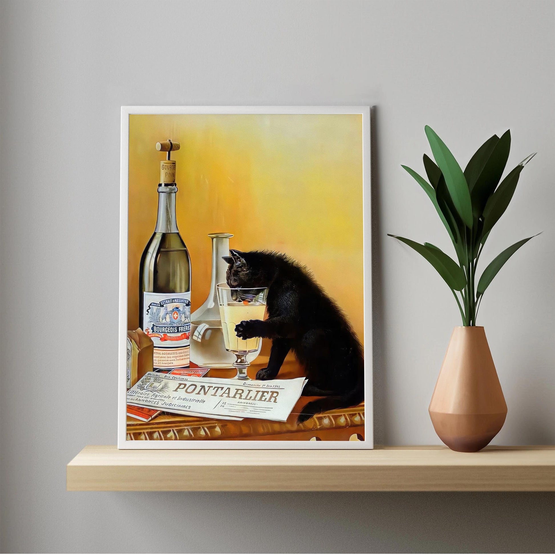 Black Cat Drinking Absinthe Print Retro Bar Cart Poster, Absinthe Bourgeois - Funny Wall Art