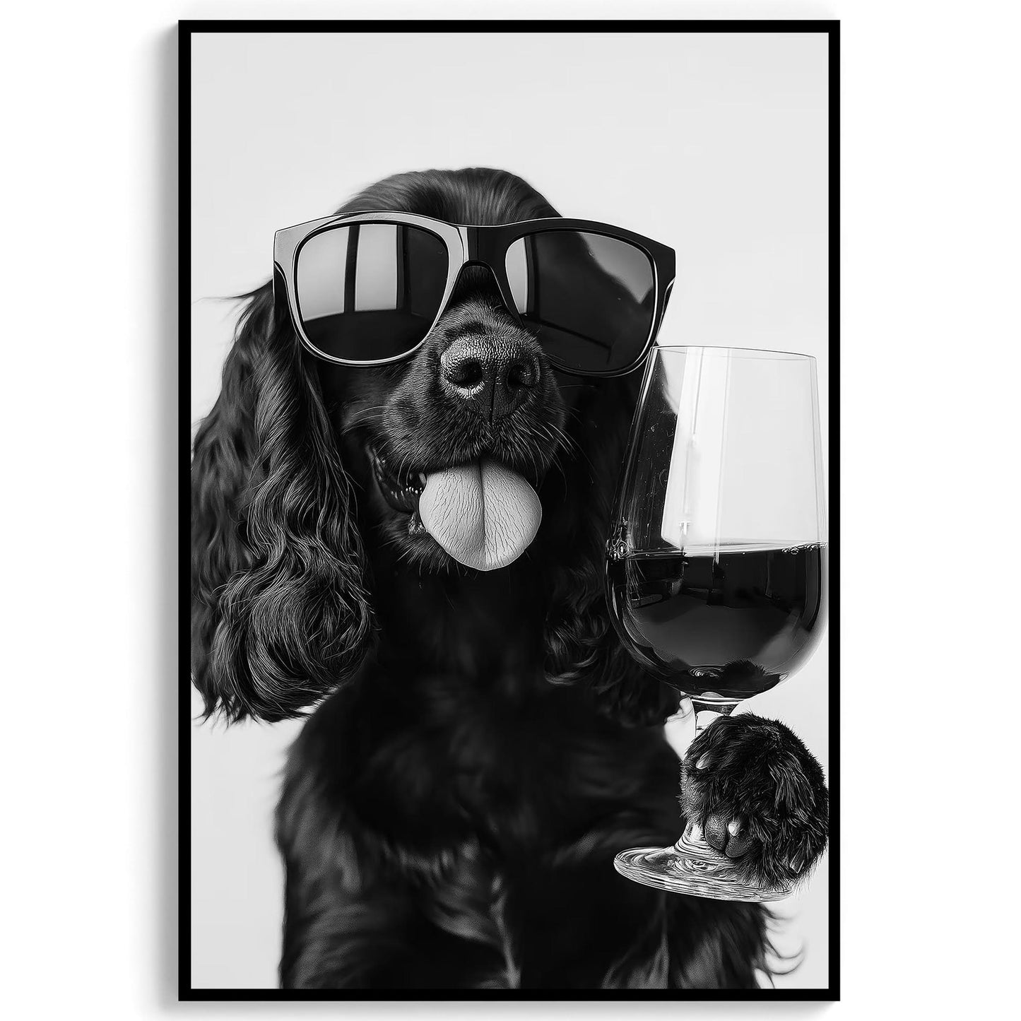 Black Cocker Spaniel and Wine Print Funny Dog Art, Bar Cart Poster, Trendy Kitchen Decor - Black and White Wall Art