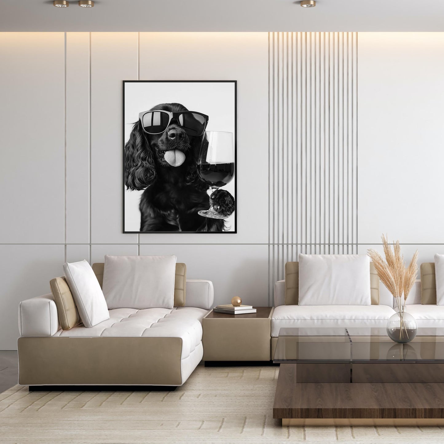 Black Cocker Spaniel and Wine Print Funny Dog Art, Bar Cart Poster, Trendy Kitchen Decor - Black and White Wall Art