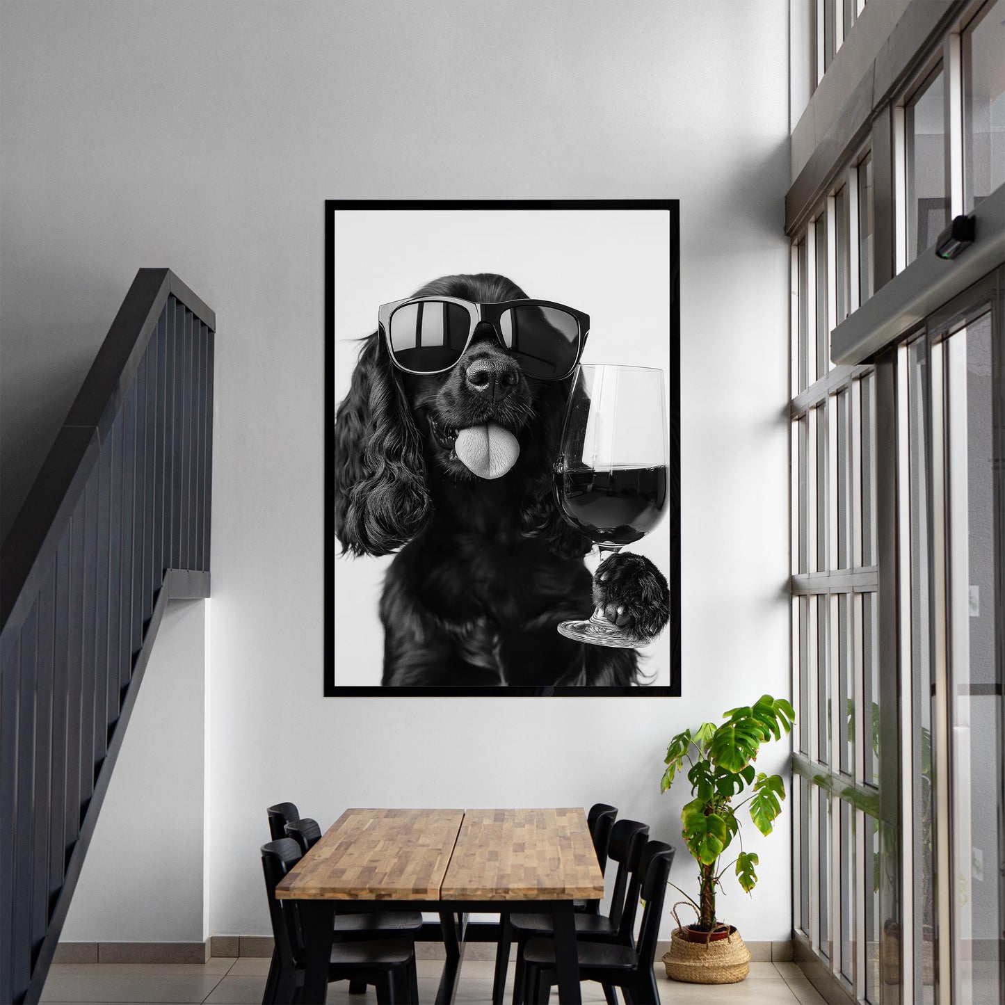 Black Cocker Spaniel and Wine Print Funny Dog Art, Bar Cart Poster, Trendy Kitchen Decor - Black and White Wall Art