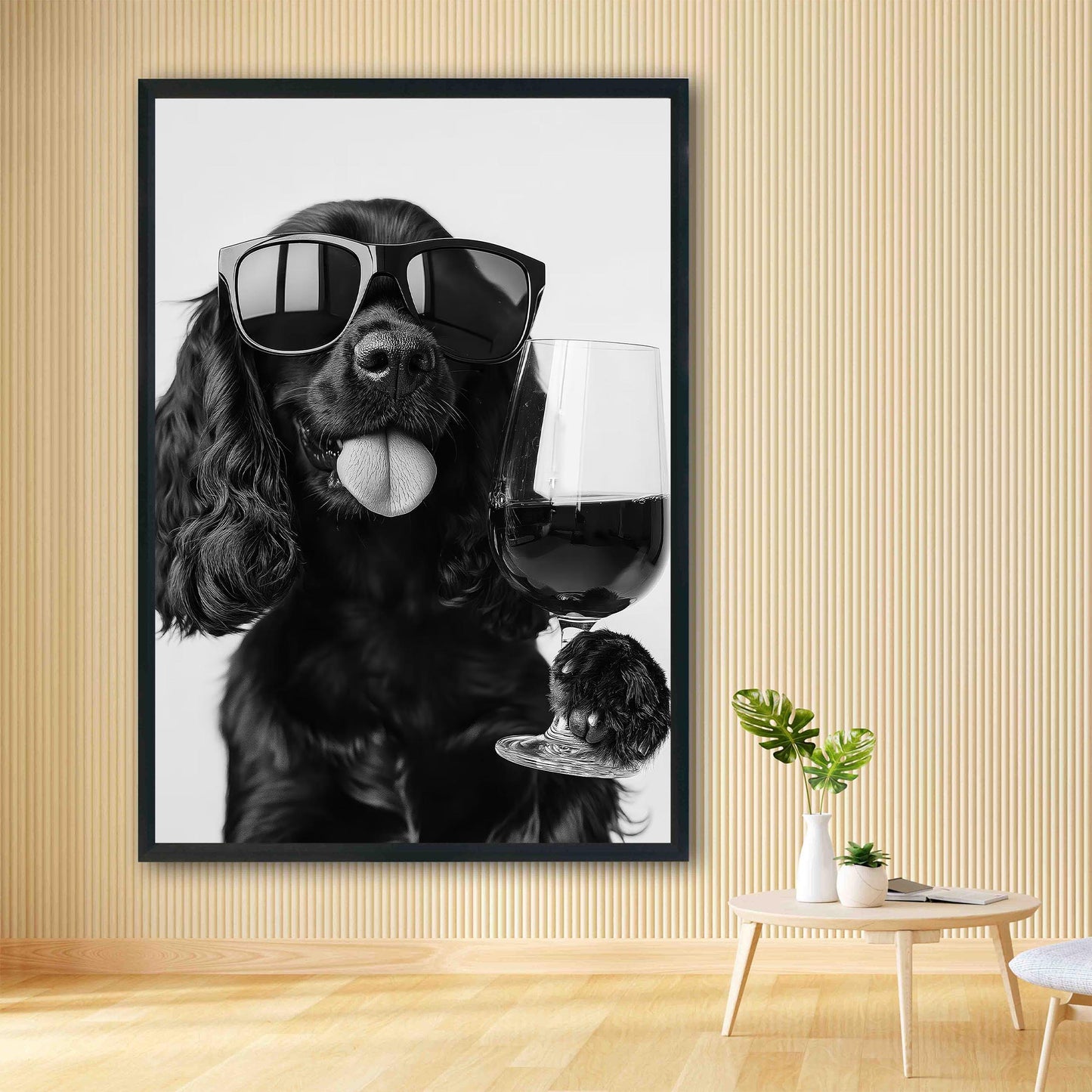 Black Cocker Spaniel and Wine Print Funny Dog Art, Bar Cart Poster, Trendy Kitchen Decor - Black and White Wall Art