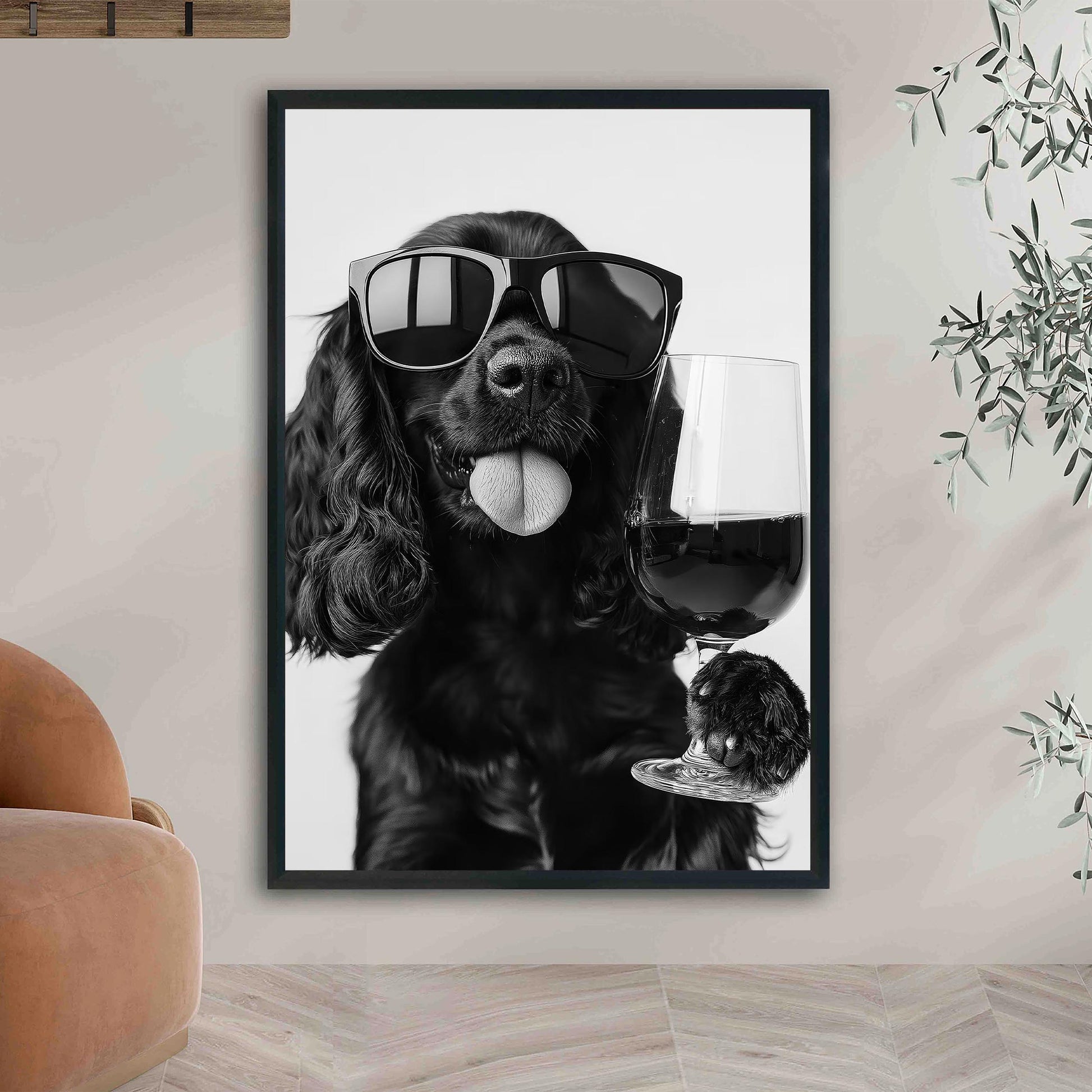 Black Cocker Spaniel and Wine Print Funny Dog Art, Bar Cart Poster, Trendy Kitchen Decor - Black and White Wall Art