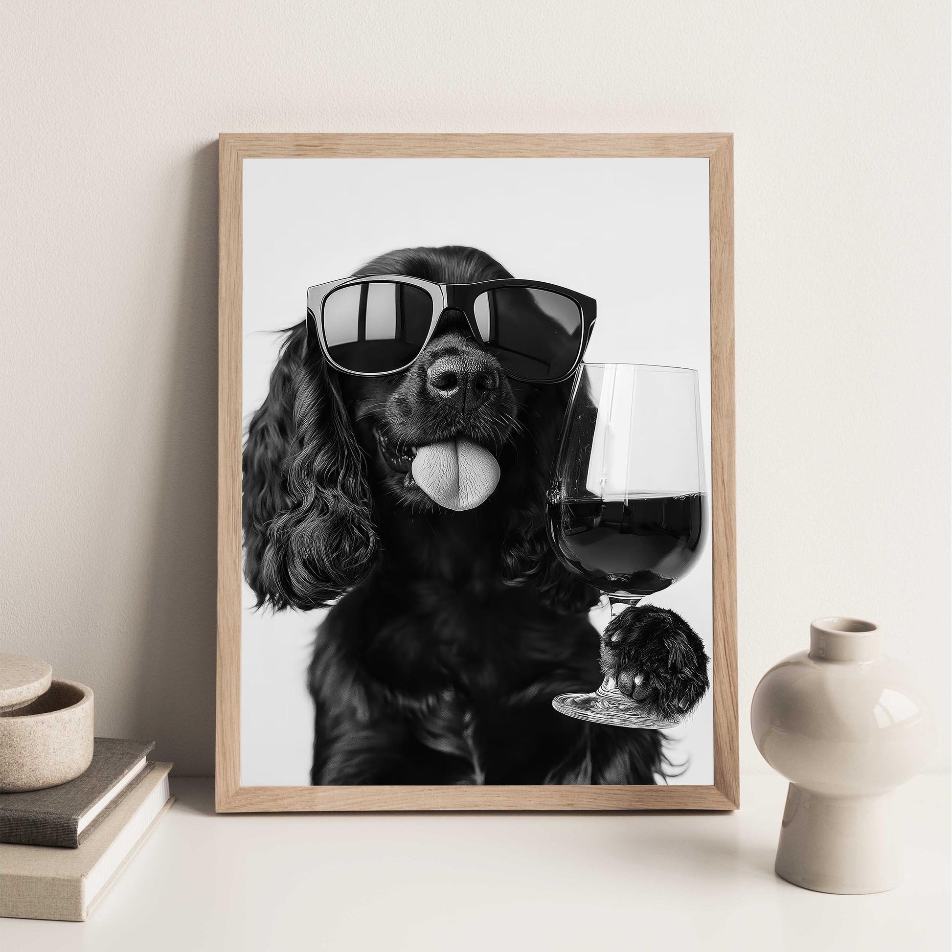 Black Cocker Spaniel and Wine Print Funny Dog Art, Bar Cart Poster, Trendy Kitchen Decor - Black and White Wall Art