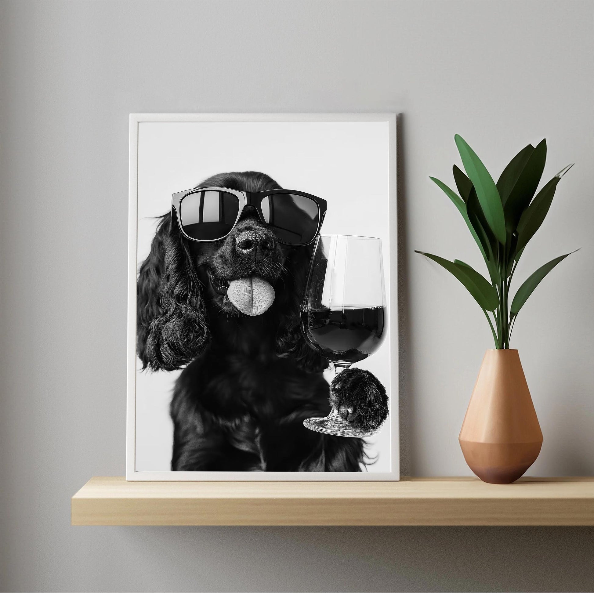 Black Cocker Spaniel and Wine Print Funny Dog Art, Bar Cart Poster, Trendy Kitchen Decor - Black and White Wall Art