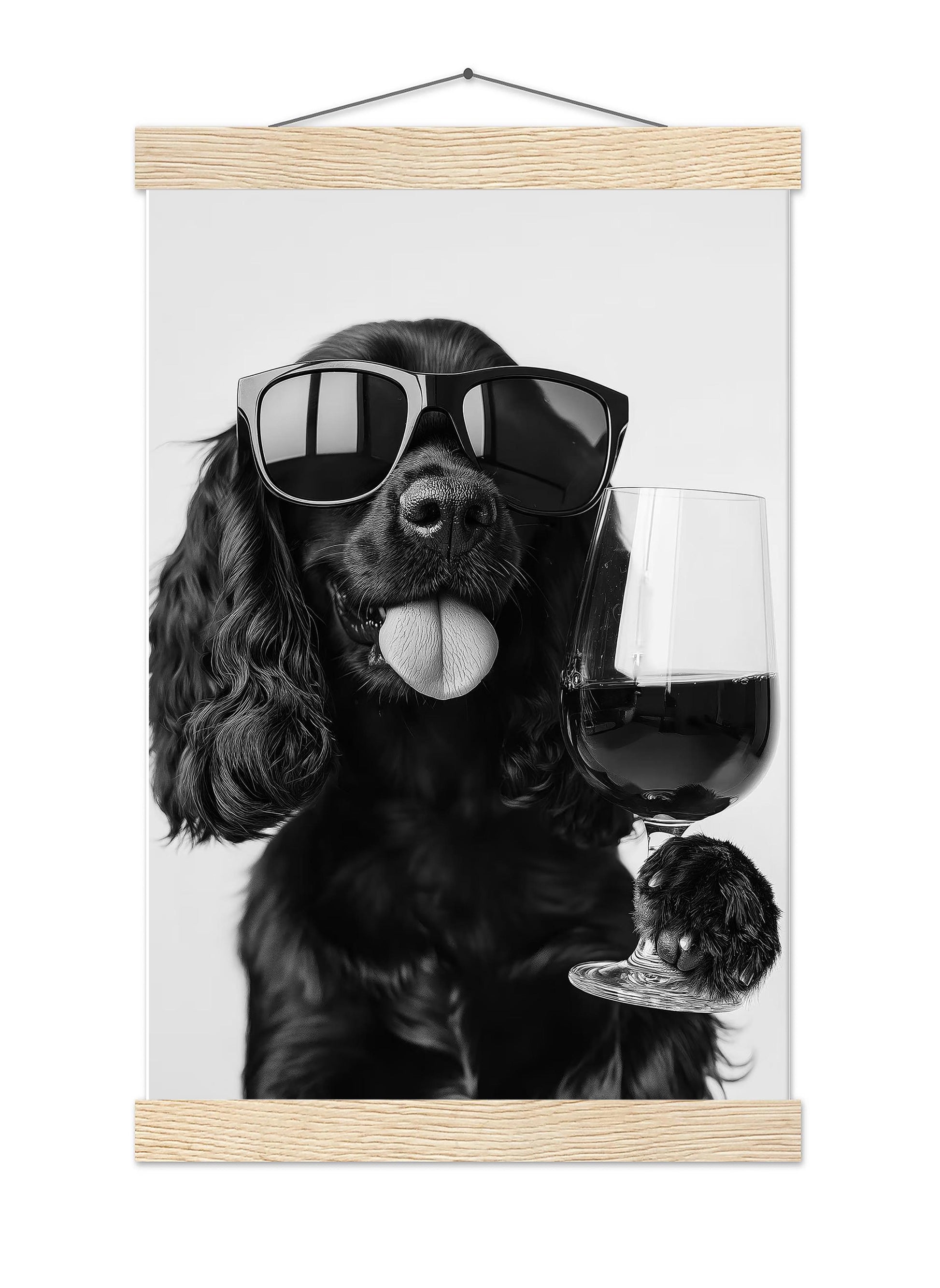 Black Cocker Spaniel and Wine Print Funny Dog Art, Bar Cart Poster, Trendy Kitchen Decor - Black and White Wall Art