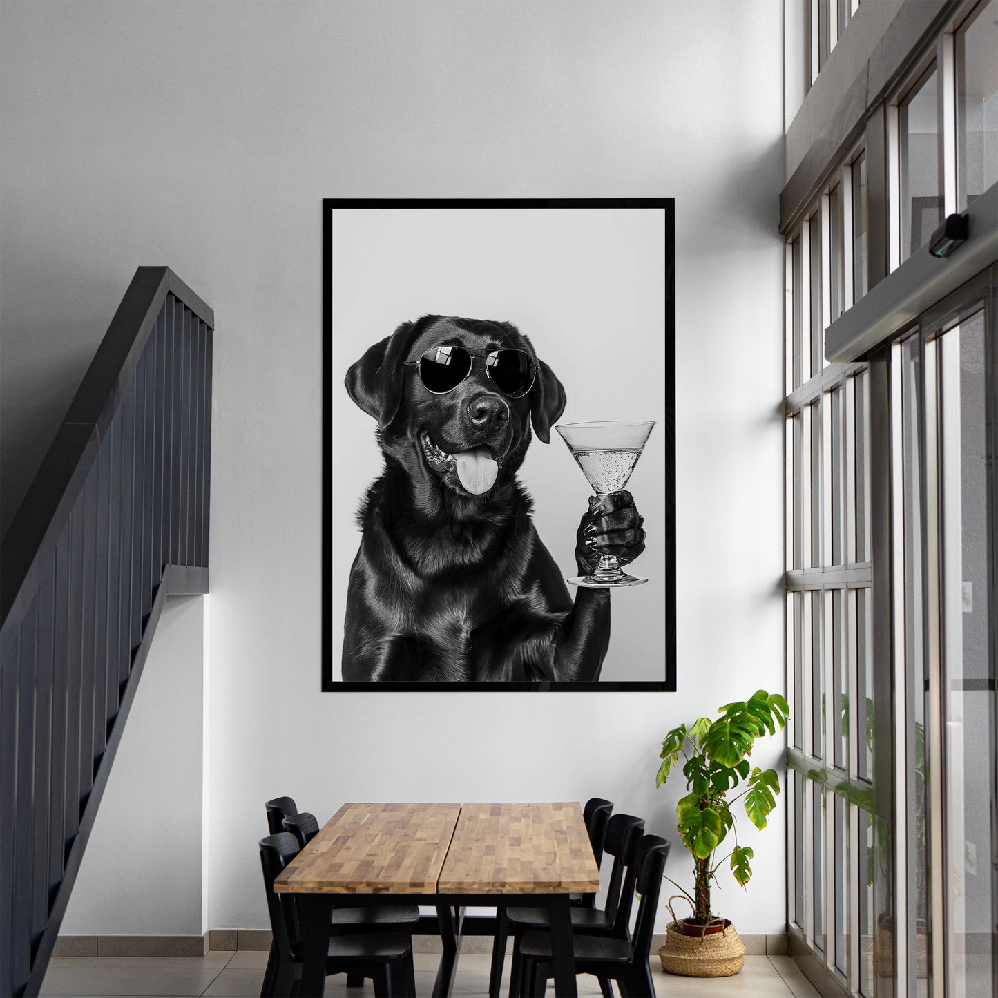 Black Lab Cocktail Print Funny Dog Martini Poster, Labrador Bar Cart Decor - Black and White Wall Art